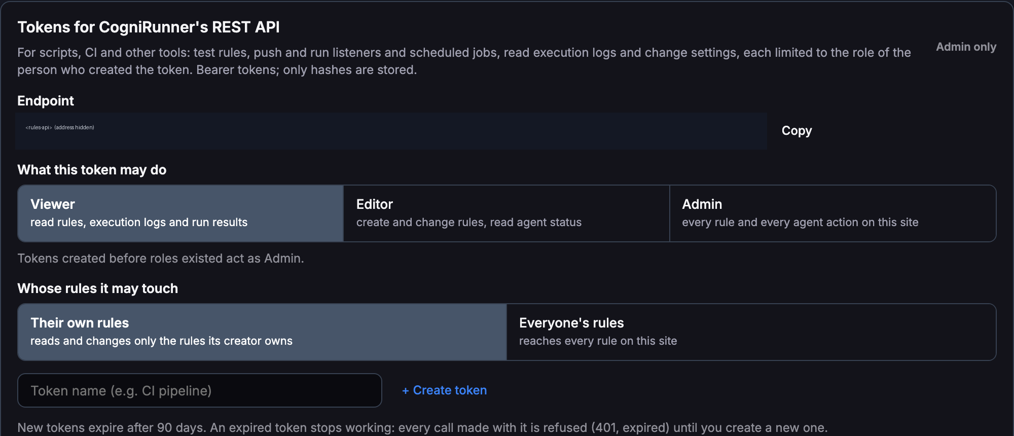 CogniRunner Settings card titled Tokens for CogniRunner's REST API with role choices Viewer, Editor and Admin