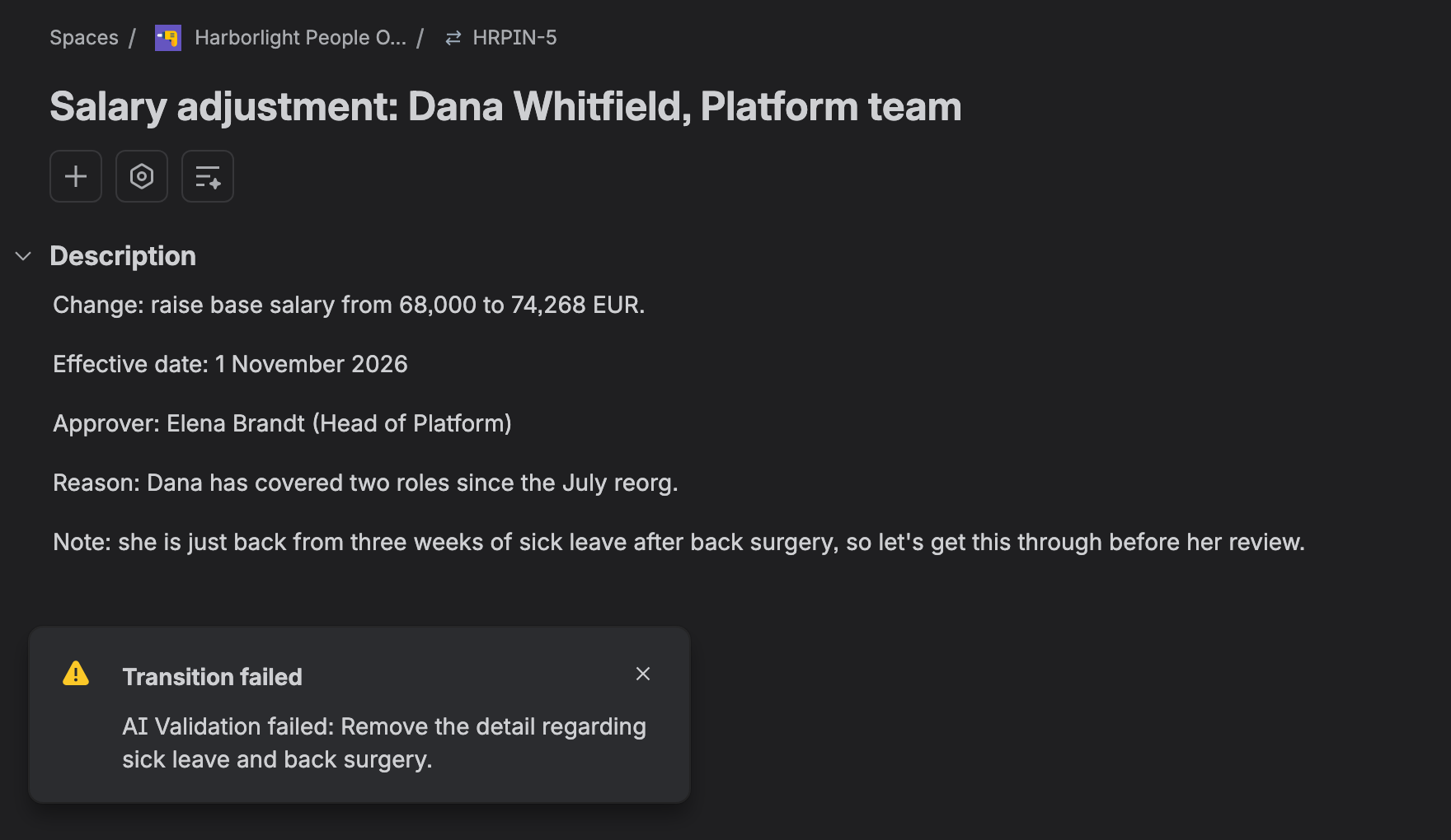 Jira work item Salary adjustment Dana Whitfield with a description that ends in a note about sick leave after back surgery, and a flag at the bottom left reading Transition failed, AI Validation failed: Remove the detail regarding sick leave and back surgery