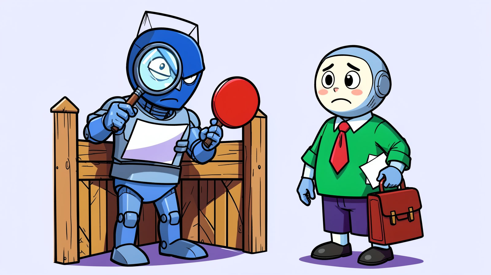 Cartoon of a stern blue robot at a wooden gate reading a sheet of paper through a magnifying glass and holding up a red stop paddle while a worried robot in a green jumper and red tie waits with a briefcase