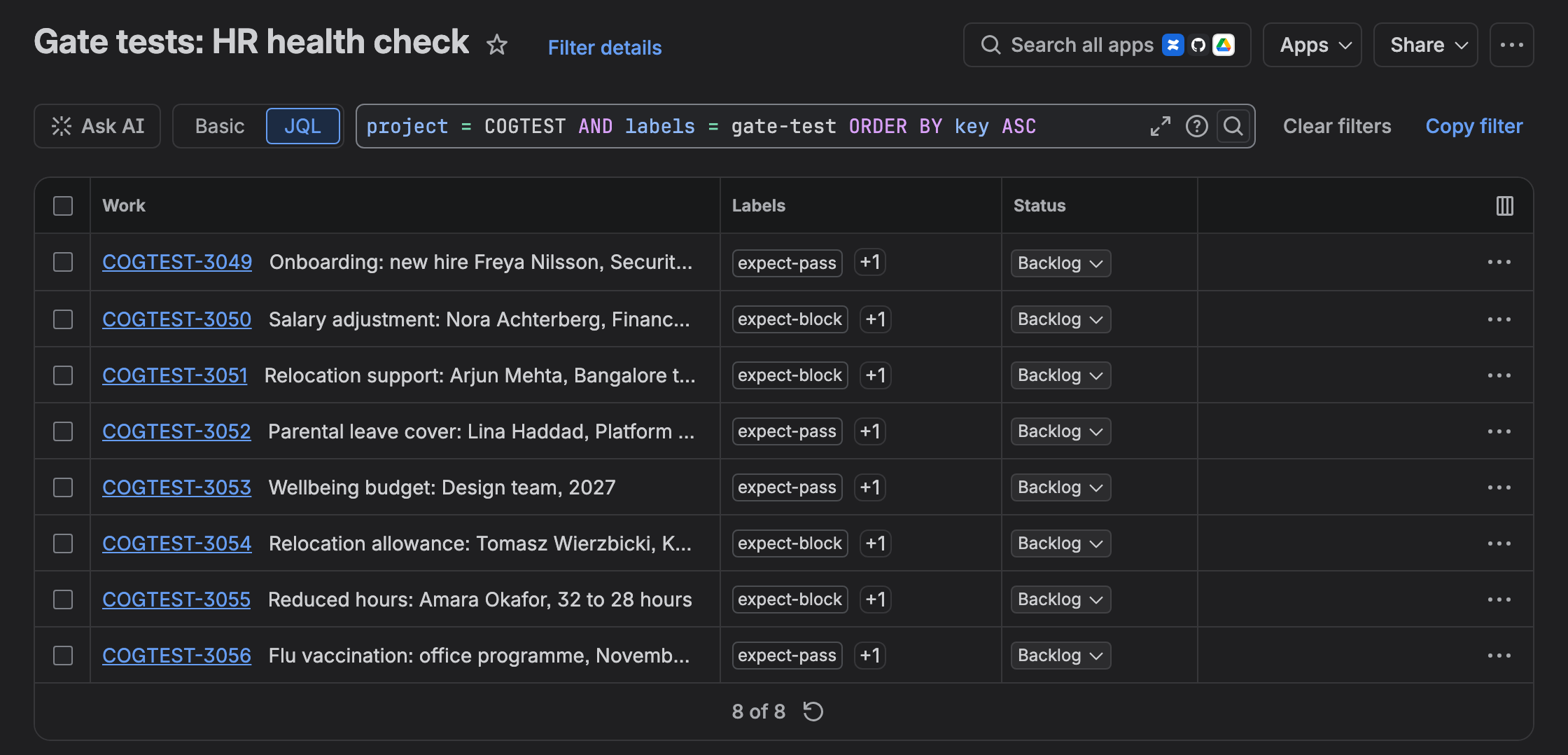Jira filter named Gate tests: HR health check listing eight requests with expect-pass and expect-block labels