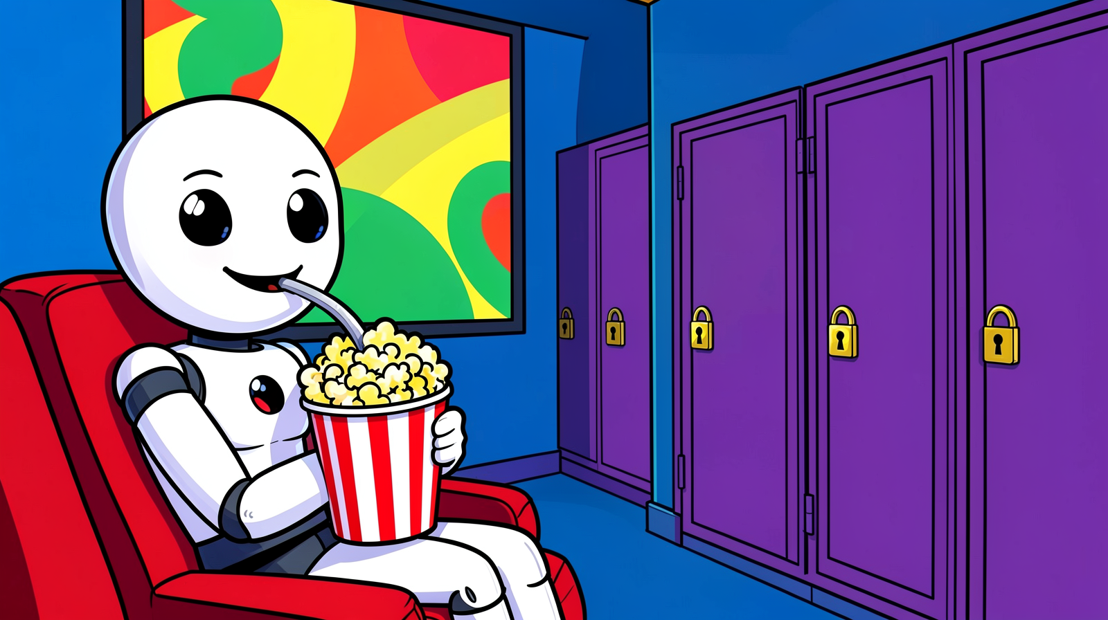 Illustration of a smiling white robot in a red cinema seat holding a striped popcorn bucket, in front of one glowing screen, next to a row of closed purple doors, each locked with a golden padlock