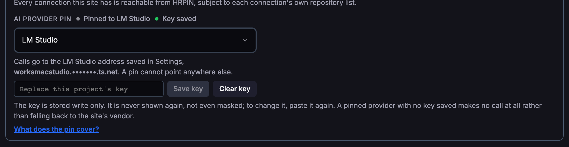 CogniRunner project card section AI PROVIDER PIN reading Pinned to LM Studio and Key saved, with the address line showing a masked ts.net host and the buttons Save key and Clear key