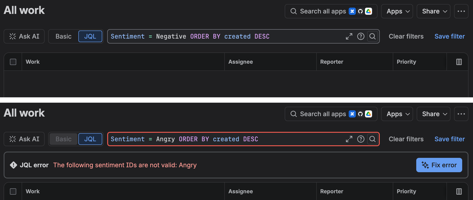 Two Jira work item searches stacked: the top one with the JQL Sentiment = Negative ORDER BY created DESC accepted and an empty results table, the bottom one with Sentiment = Angry ORDER BY created DESC outlined in red and a JQL error reading The following sentiment IDs are not valid: Angry
