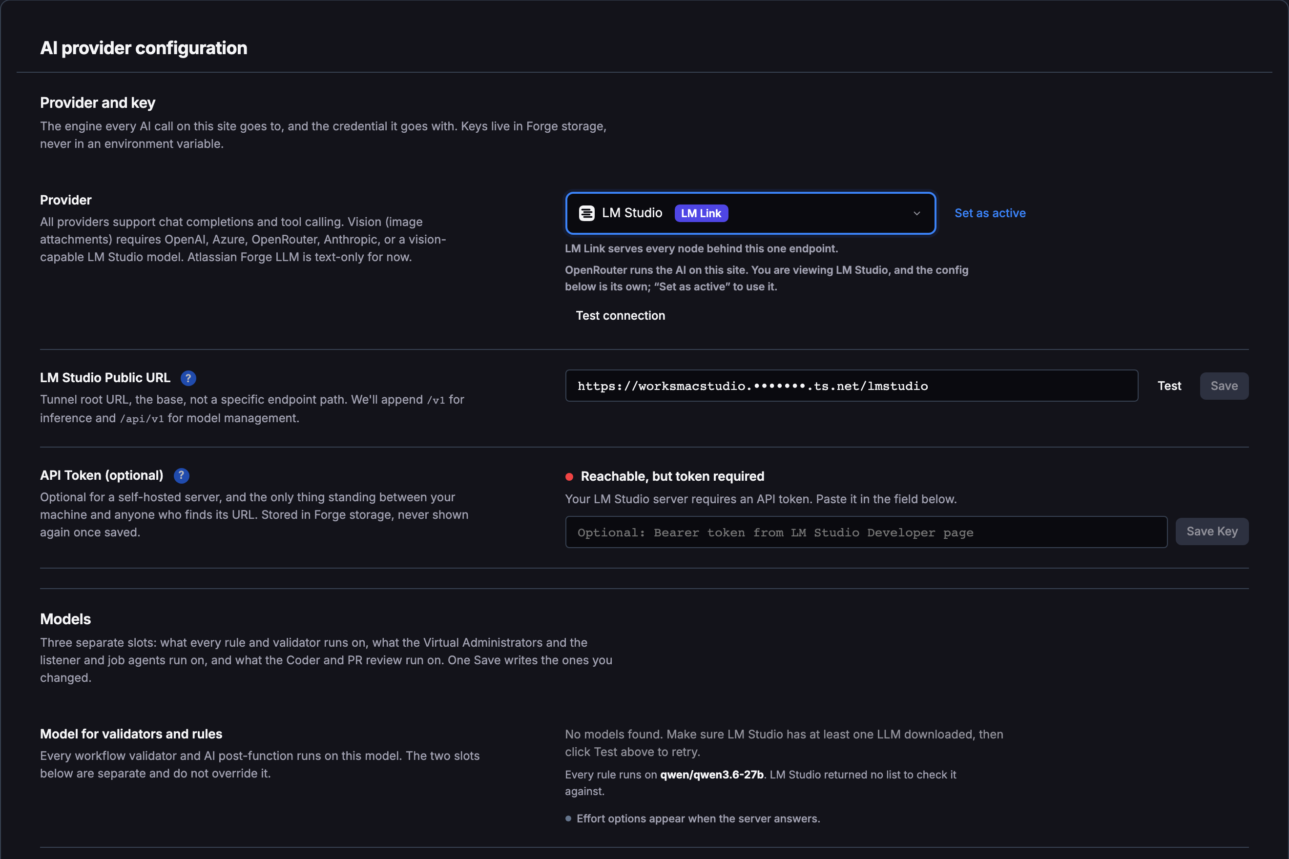 CogniRunner Settings with LM Studio chosen in the Provider list next to a Set as active link, the note that OpenRouter runs the AI on this site, the LM Studio Public URL field with a masked ts.net address, and a red status reading Reachable, but token required