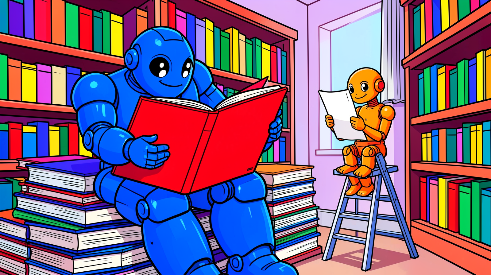 Cartoon illustration of a large blue robot sitting on a heap of books in a library reading a huge red book, while a small orange robot on a stepladder reads a single sheet of paper