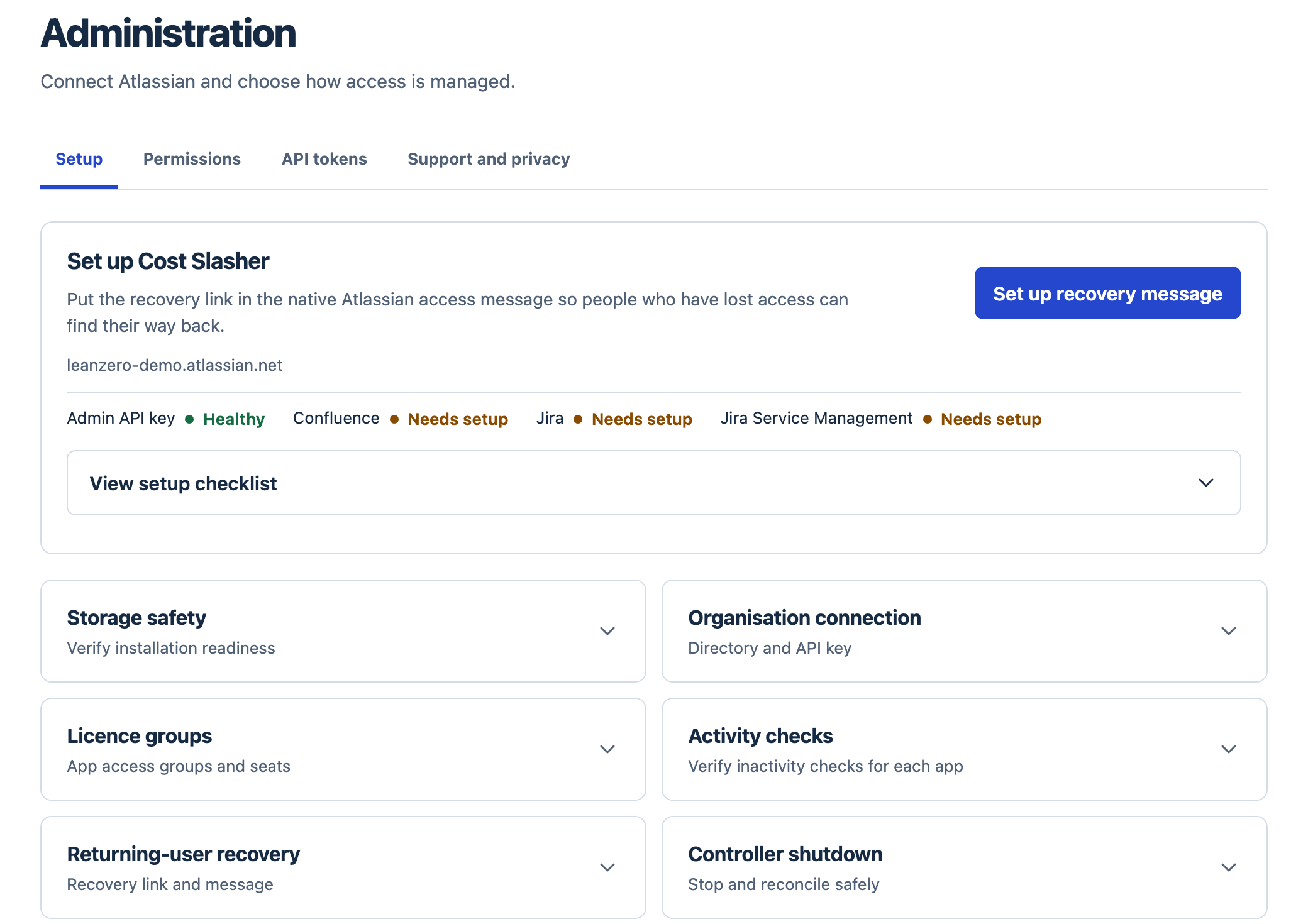 The Cost Slasher Administration Setup tab on the demo site: admin API key Healthy, Confluence, Jira and Jira Service Management each marked Needs setup, and six setup sections: Storage safety, Organisation connection, Licence groups, Activity checks, Returning-user recovery, Controller shutdown