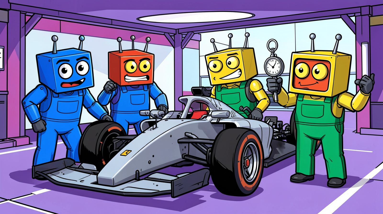 Illustration of four boxy cartoon robots in overalls standing around an unmarked grey racing car in a pit garage while one holds up a stopwatch