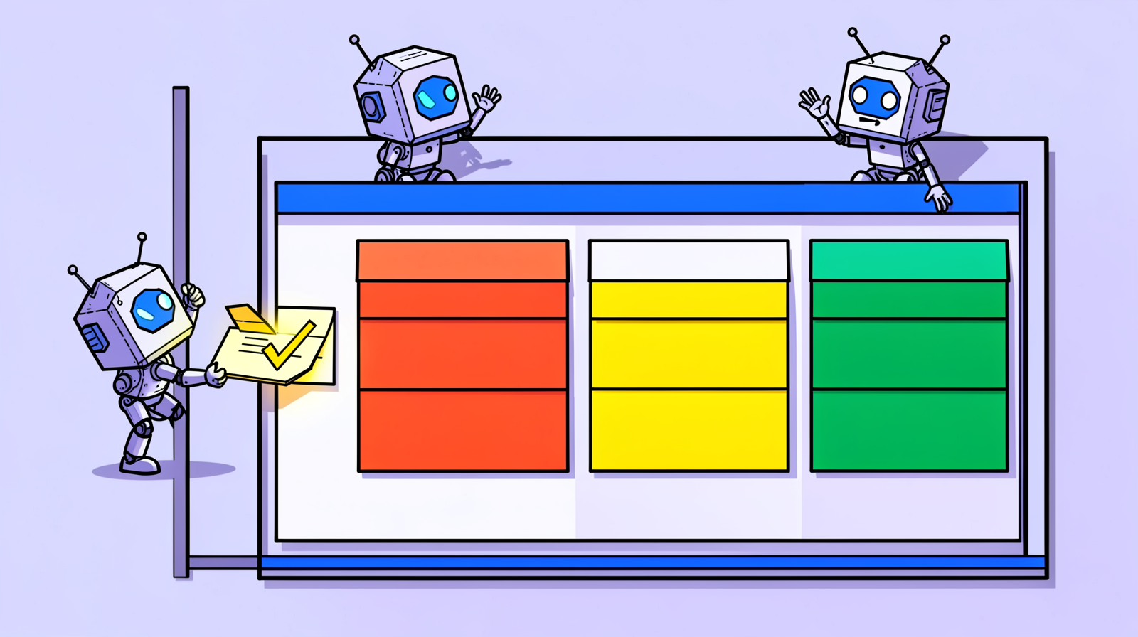 Illustration of a robot with a hexagon-shaped head pushing a glowing card with a checkmark from a narrow strip on the left onto a kanban board with red, yellow and green columns, while two robots sitting on top of the board wave