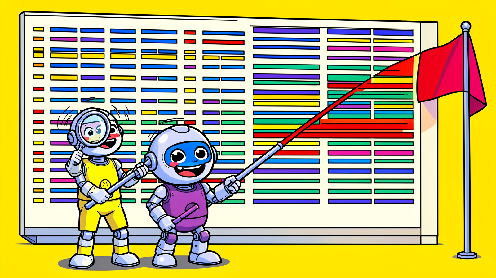 Two robots in front of a wall chart of thousands of bars, one dizzy with a magnifying glass, one pointing at a single red line to a flag
