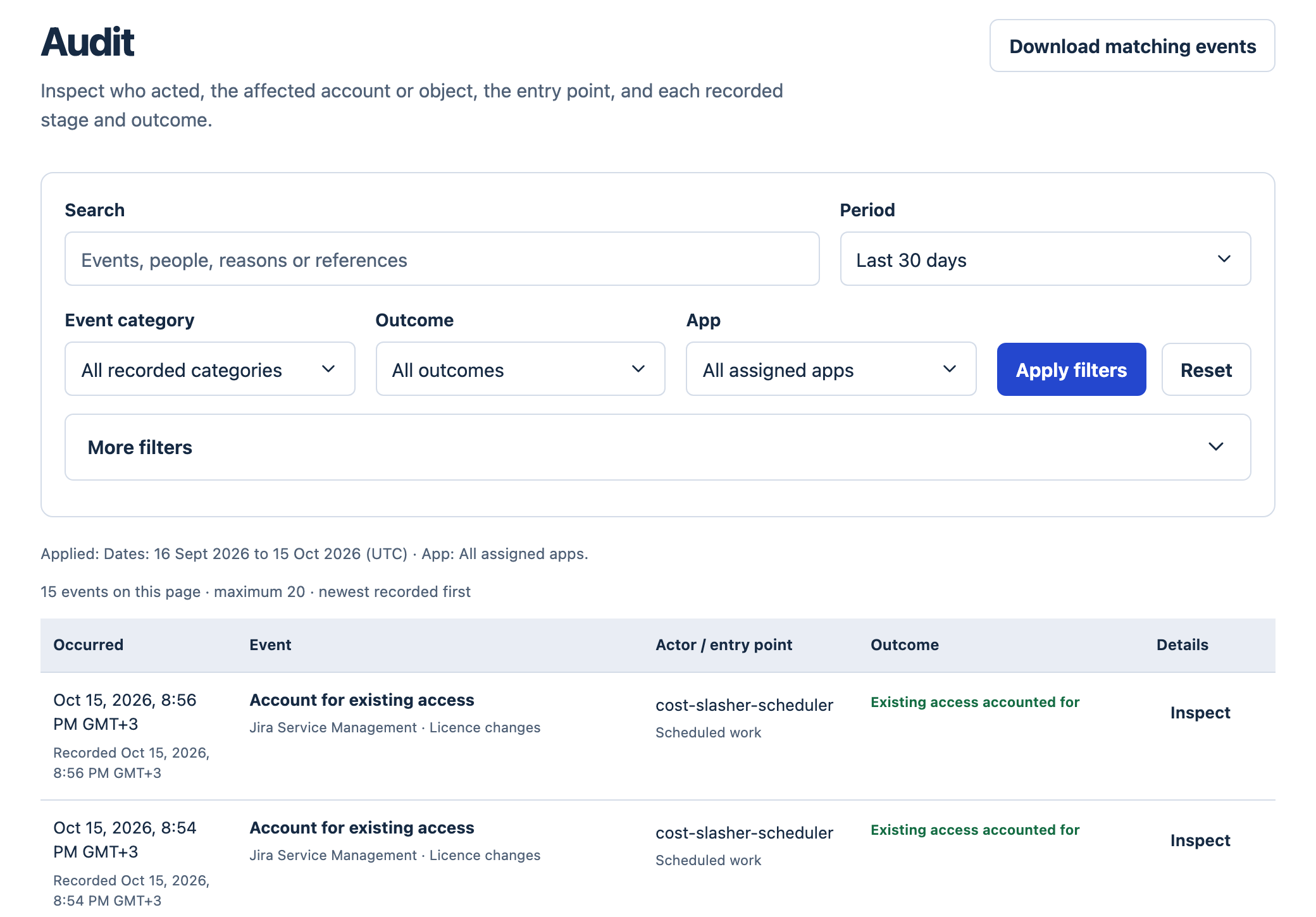 The Cost Slasher Audit page with filters for search, period, event category, outcome and app, and the first two of 15 recorded events: Account for existing access, Jira Service Management licence changes, by cost-slasher-scheduler, outcome Existing access accounted for
