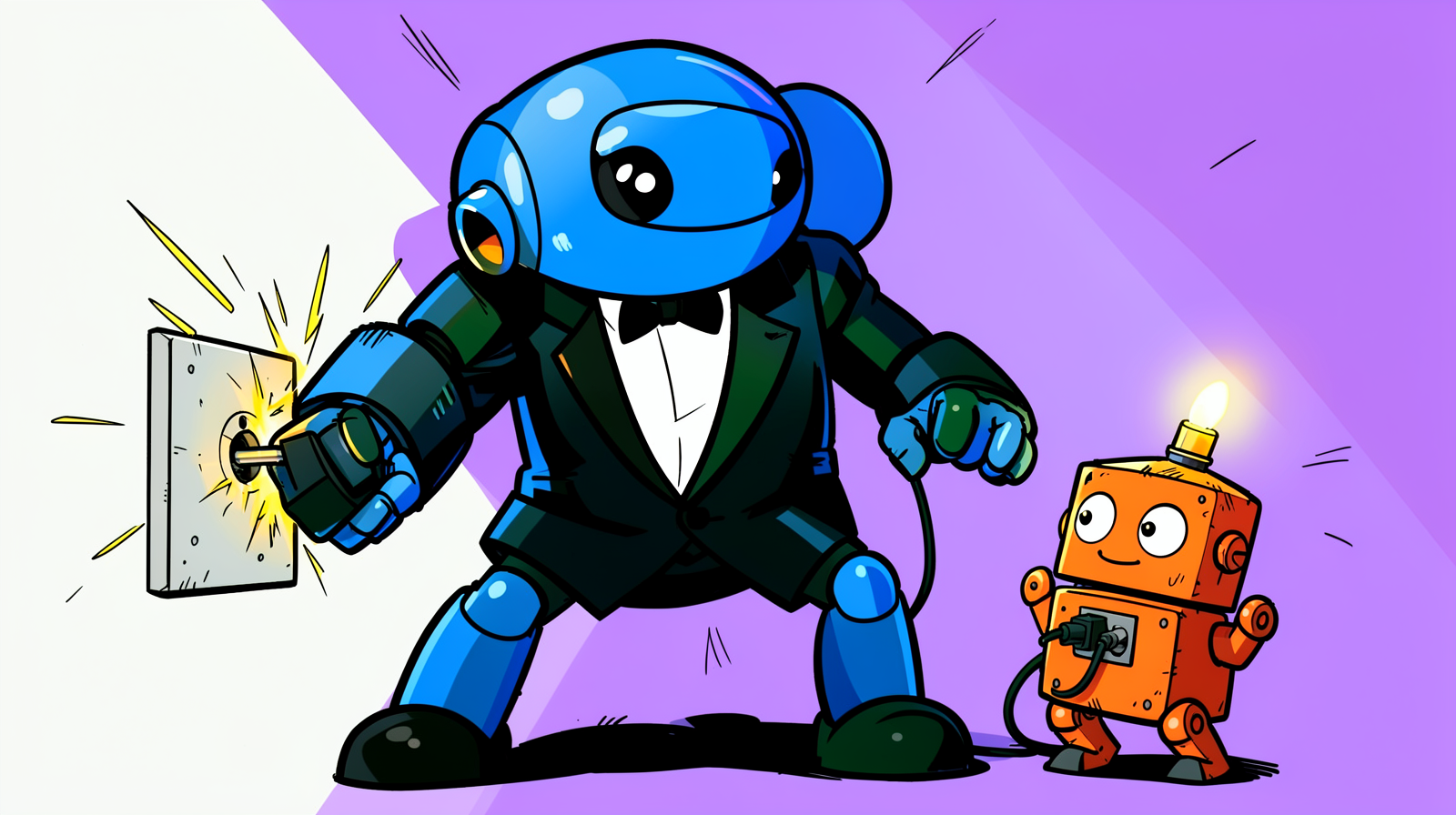 Cartoon illustration of a large blue robot in a tuxedo pushing a plug into a wall socket that throws sparks, while a small orange robot beside it has already plugged in and the lamp on its head is lit