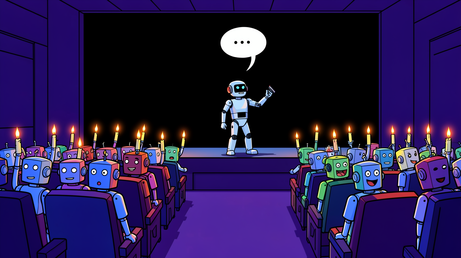 Illustration of a dark hall where rows of boxy robots hold up lit candles while a white robot presenter stands frozen on stage in front of a black screen, holding a clicker, under a speech bubble showing three dots