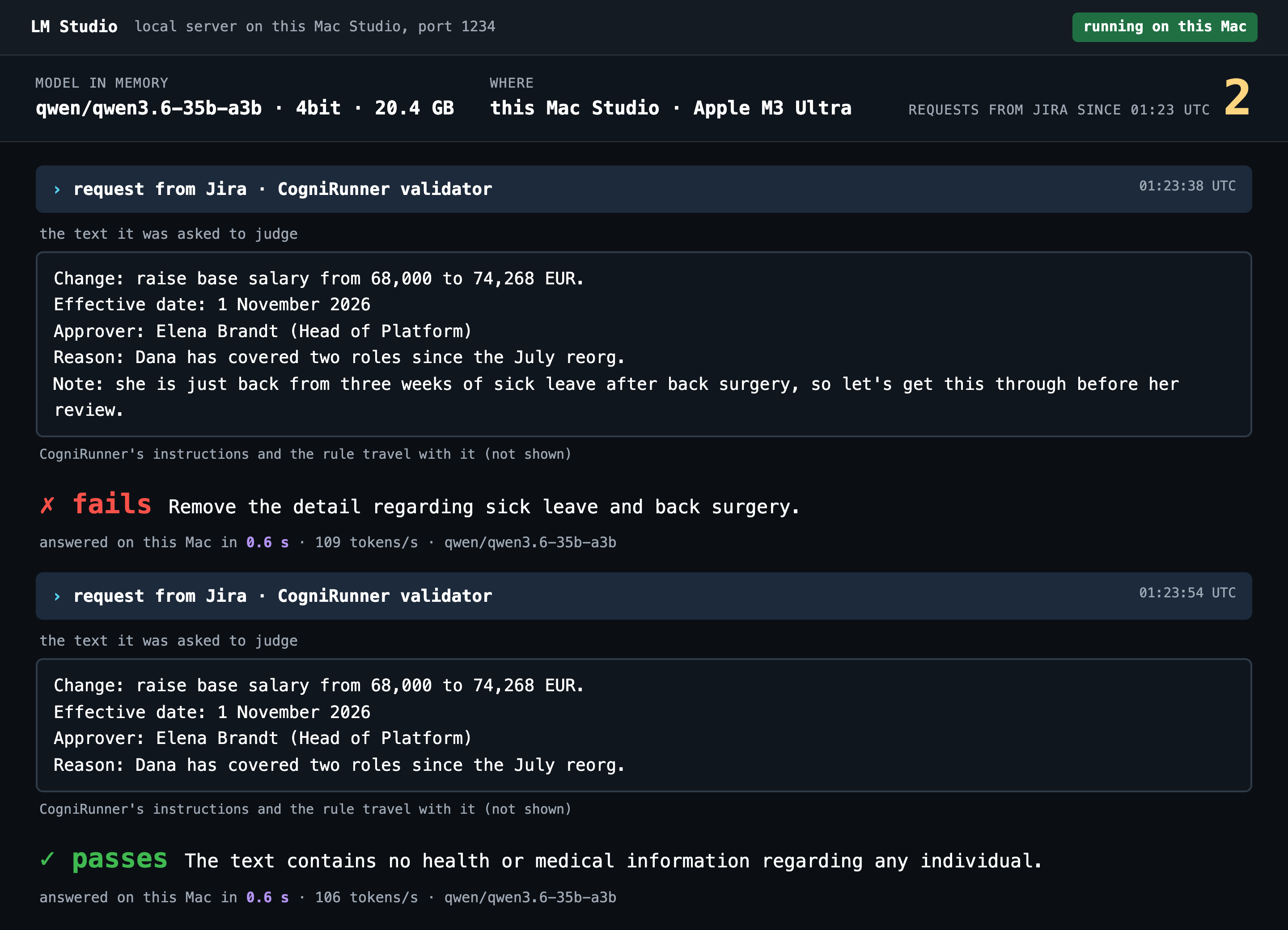 A log viewer on a Mac Studio headed LM Studio, showing two requests from Jira answered by qwen/qwen3.6-35b-a3b: the first with the note about back surgery marked fails, the second without it marked passes