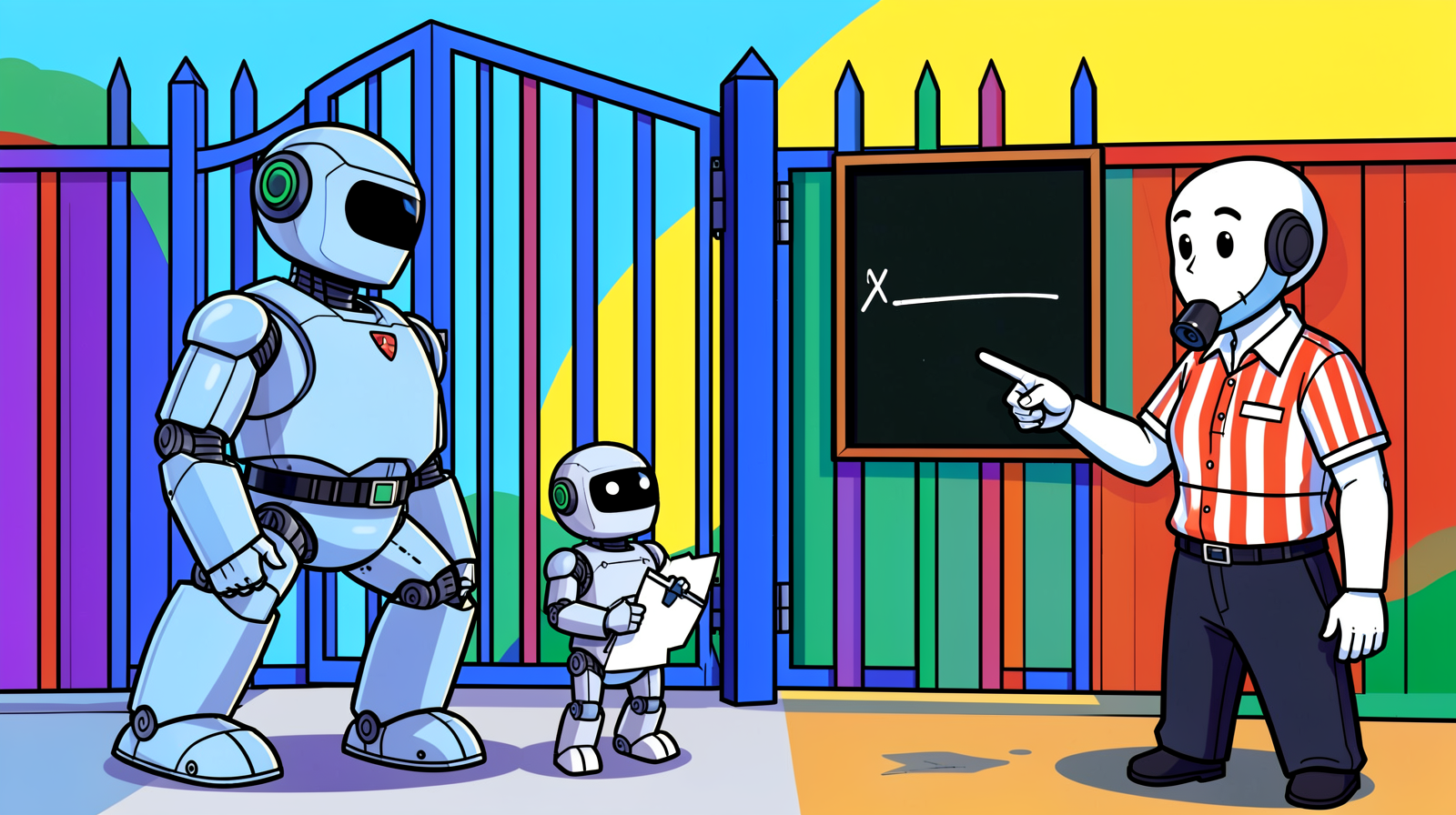 Cartoon illustration of a large robot guard standing in front of a closed blue gate blocking a small robot that holds a sheet of paper, while a referee robot in an orange striped shirt with a whistle in its mouth points at a blackboard on the fence with an x and one chalk line on it