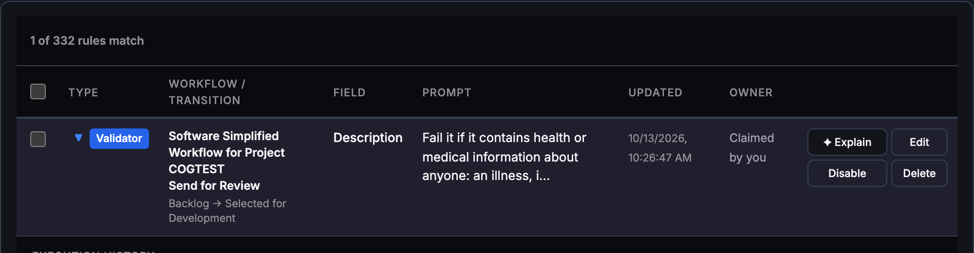 CogniRunner Rules tab showing one validator row with the field Description and the start of its prompt