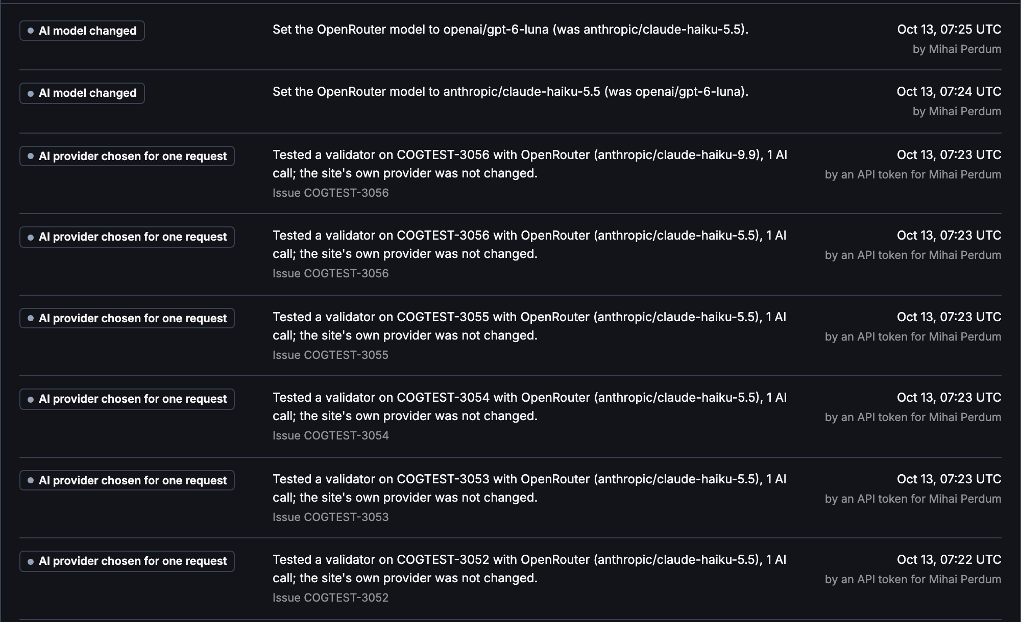 CogniRunner audit log with two AI model changed rows above a list of rows that each say Tested a validator on one issue with OpenRouter