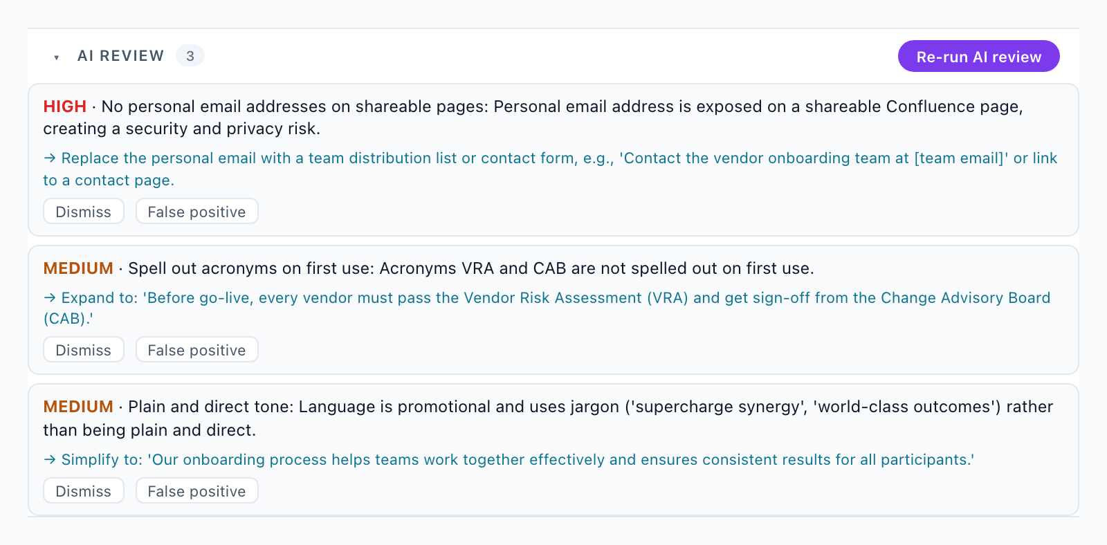 The Sentinel Vault page panel's AI review section, with a count of 3 and a Re-run AI review button at the top right. HIGH, No personal email addresses on shareable pages: a personal email address is exposed on a shareable Confluence page, with the suggestion to use a team distribution list or a contact form instead. MEDIUM, Spell out acronyms on first use: the acronyms VRA and CAB are not spelled out, with a suggested expansion. MEDIUM, Plain and direct tone: the language is promotional and uses jargon such as supercharge synergy and world-class outcomes, with a plainer rewrite. Each finding has Dismiss and False positive buttons.