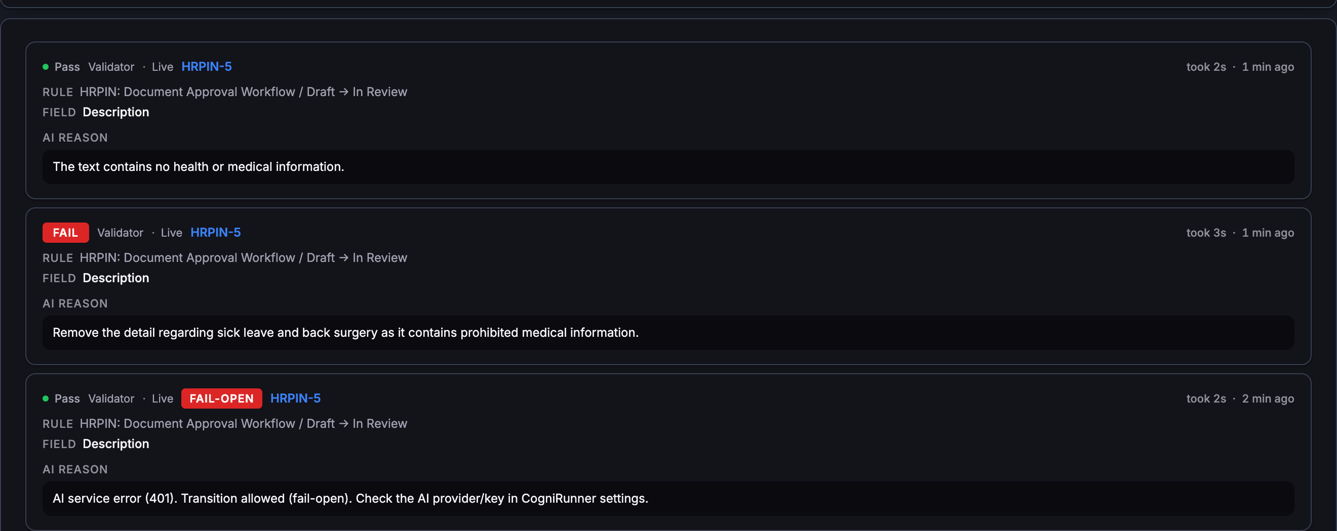 CogniRunner Execution Logs with three rows for HRPIN-5: a Pass, a red FAIL with the model's sentence about sick leave and back surgery, and a Pass carrying a red FAIL-OPEN chip with the reason AI service error 401, Transition allowed