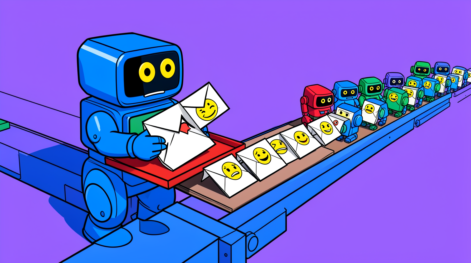 Illustration of a boxy blue helpdesk robot at a conveyor belt, opening an envelope over a red tray while envelopes stamped with smiling and frowning emoji faces roll past and a long line of small robots waits behind