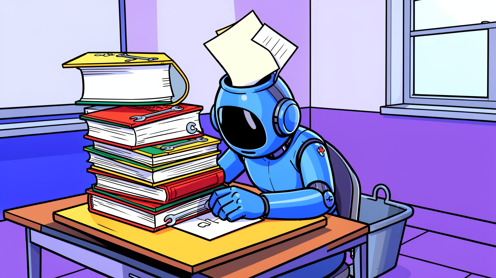 Cartoon illustration of a blue robot at a school desk next to a tall stack of thick books with wrenches on the covers, while sheets of paper fly out of an open hatch in the top of its head