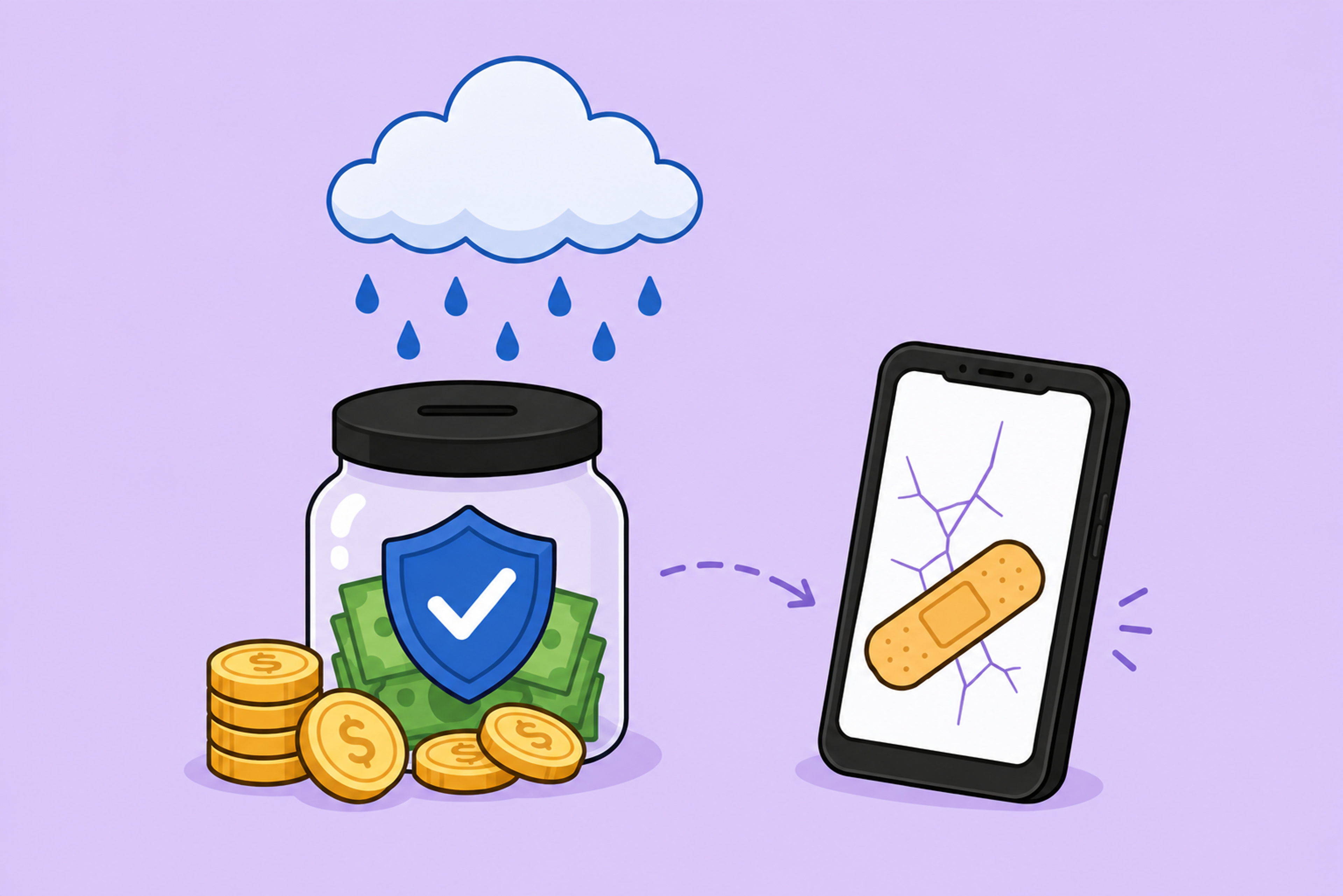 Illustration of a savings jar beneath a rain cloud, with coins and damaged phone