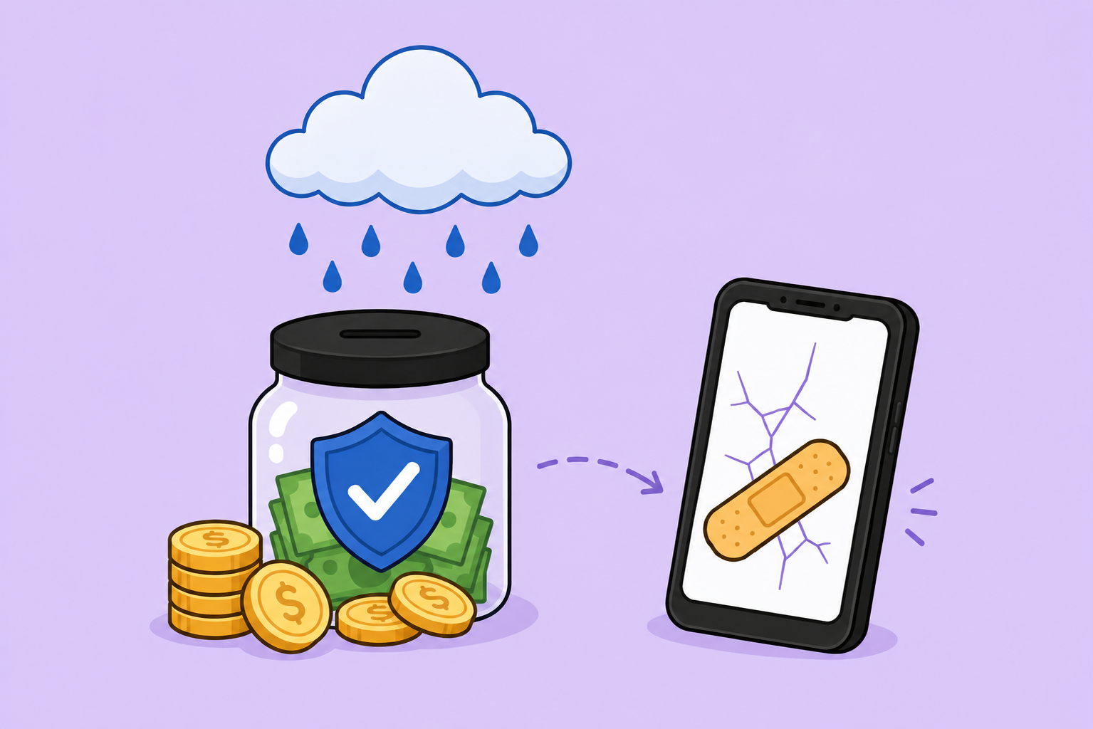 Illustration of a savings jar beneath a rain cloud, with coins and damaged phone