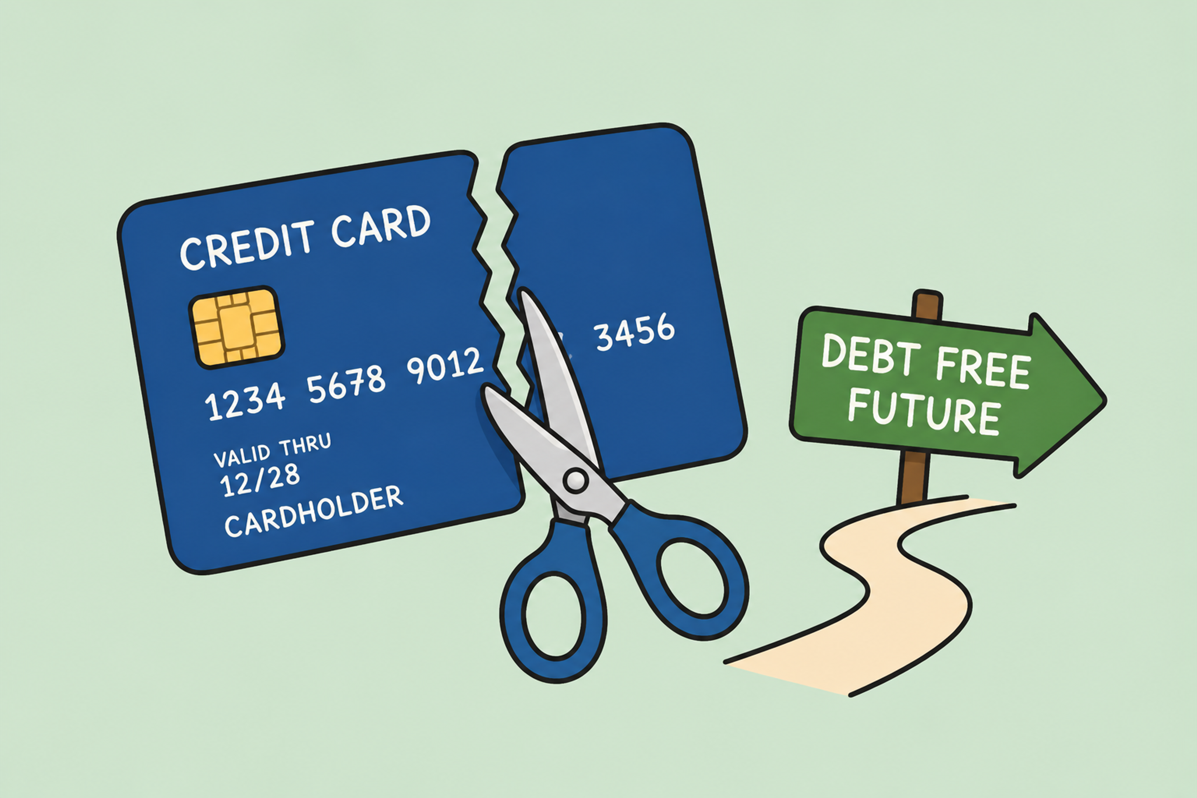 Illustration of paying off credit card debt with a credit card being cut in half and a path toward becoming debt free.