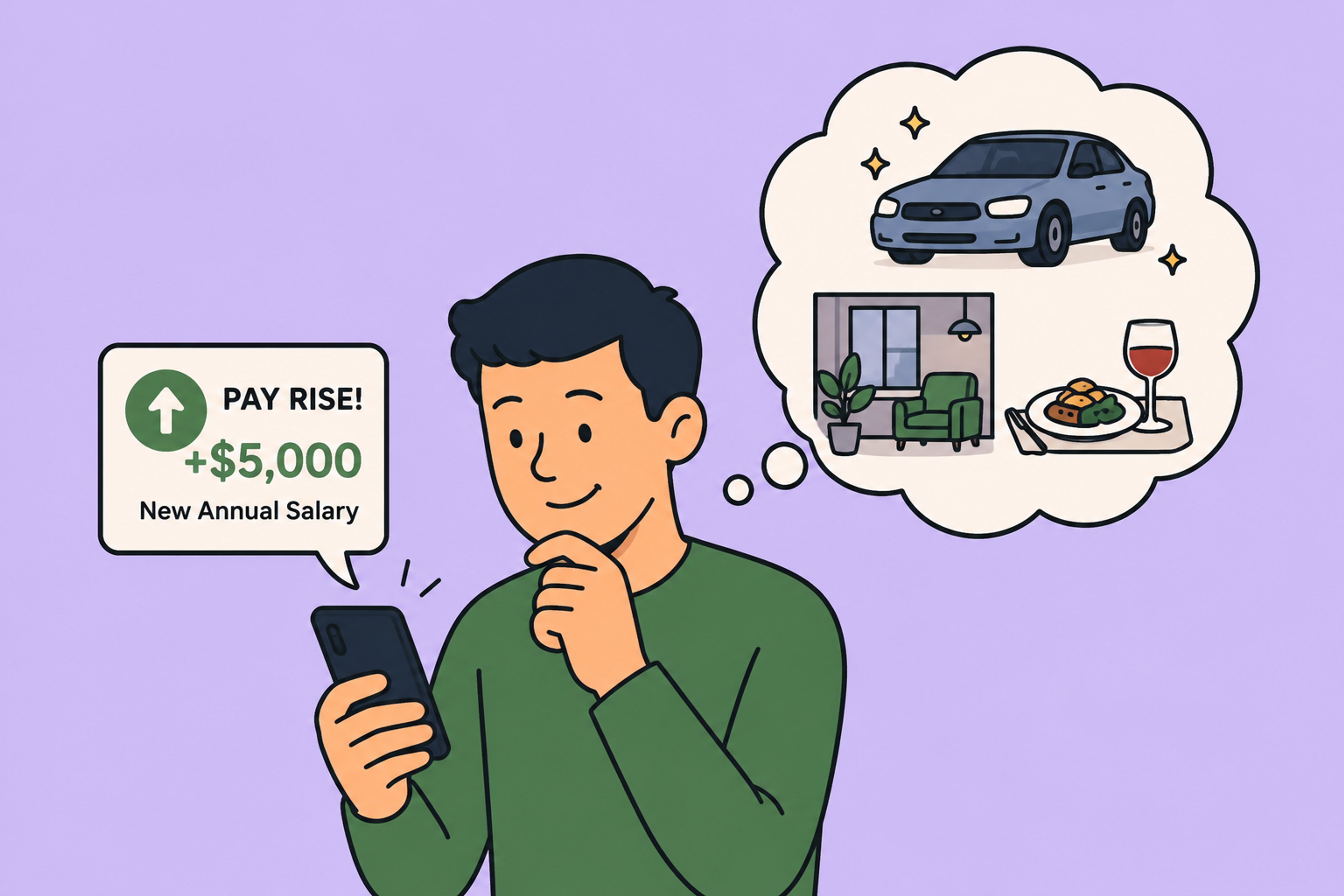 Bigger Paycheck, Bigger Wishlist – A person holding their first larger paycheck, with thought bubbles showing a nicer apartment, car, and holidays.
