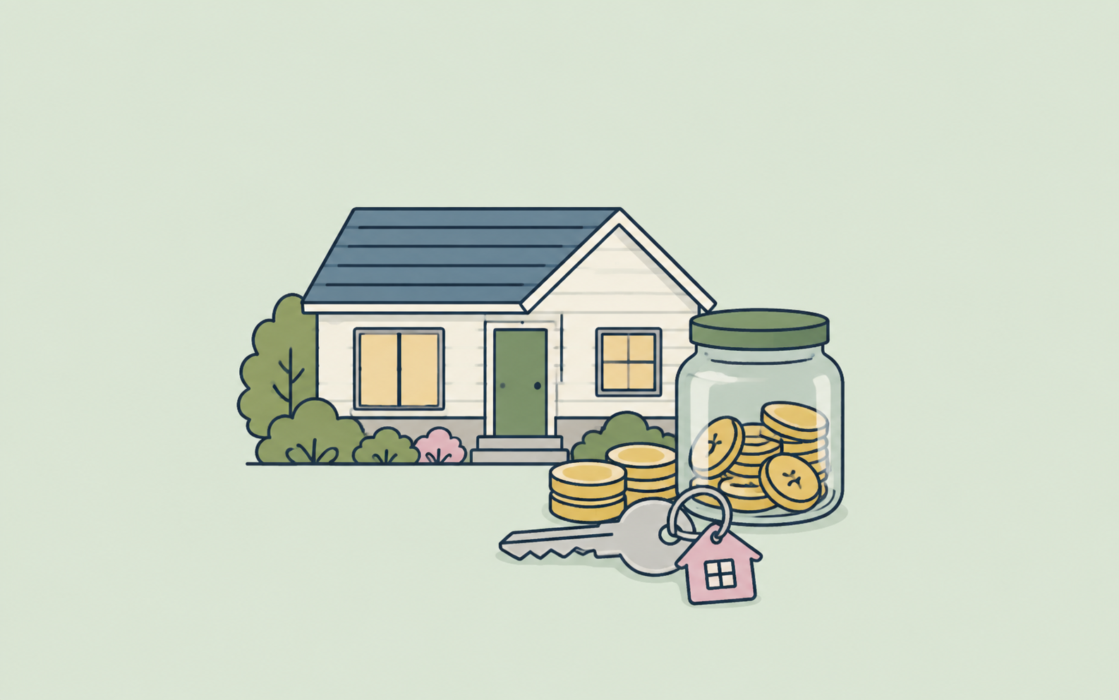 A New Zealand home beside a jar of savings, coins and a house key