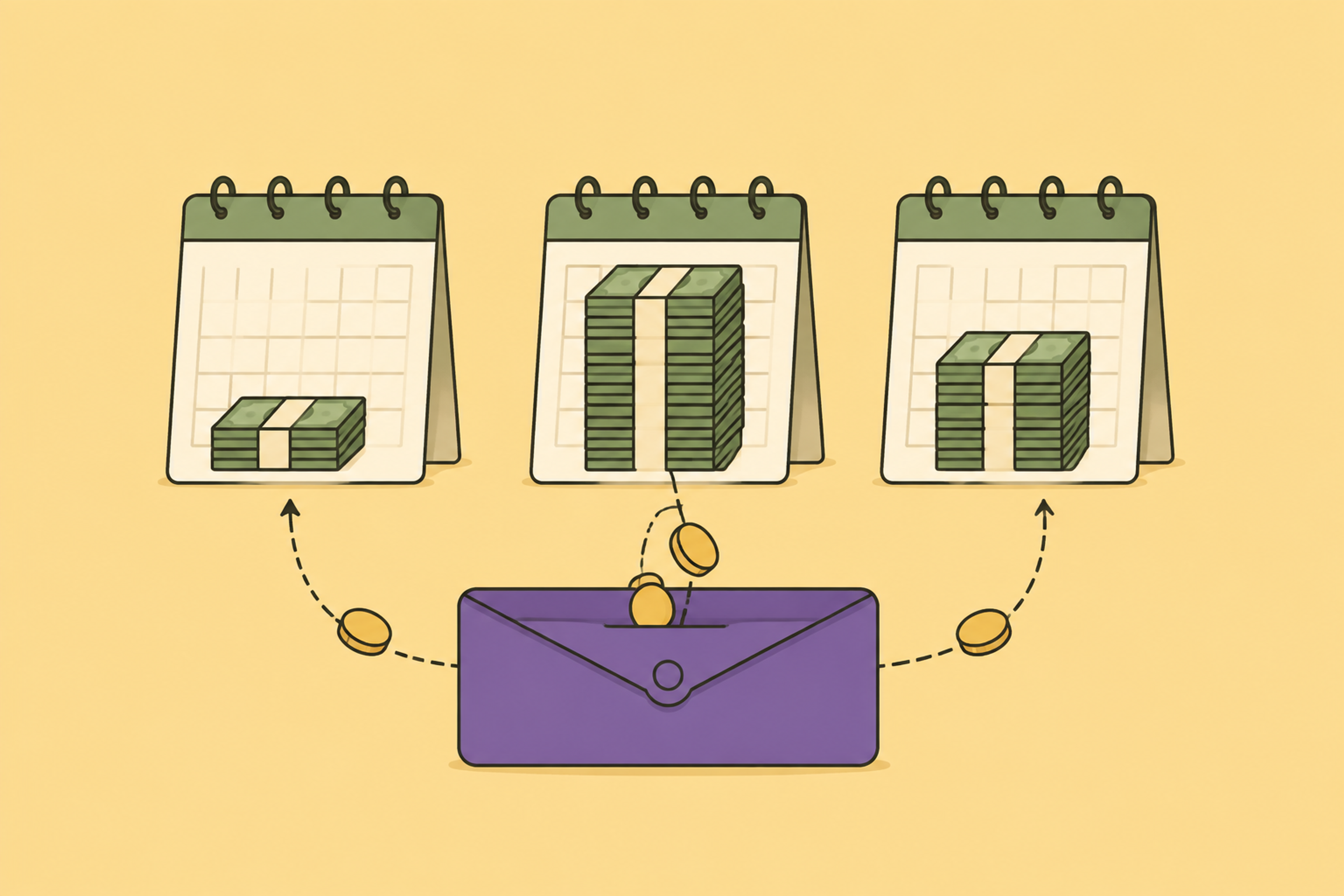 Three calendar pages show small, large and medium income amounts, with a purple buffer envelope helping balance money between months.