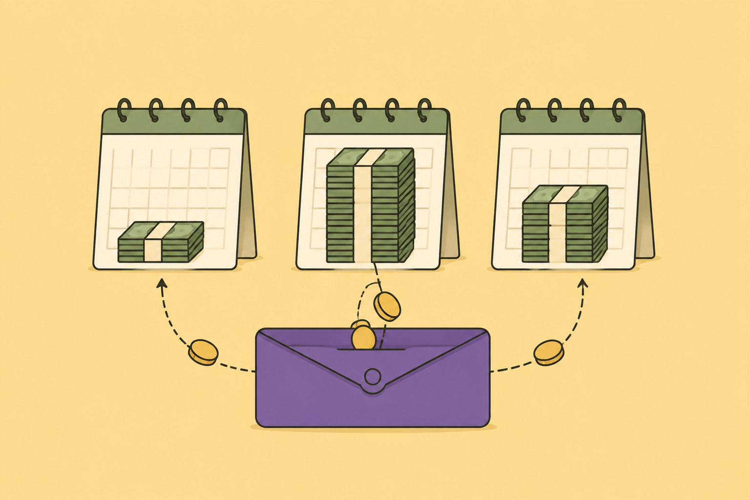 Three calendar pages show small, large and medium income amounts, with a purple buffer envelope helping balance money between months.
