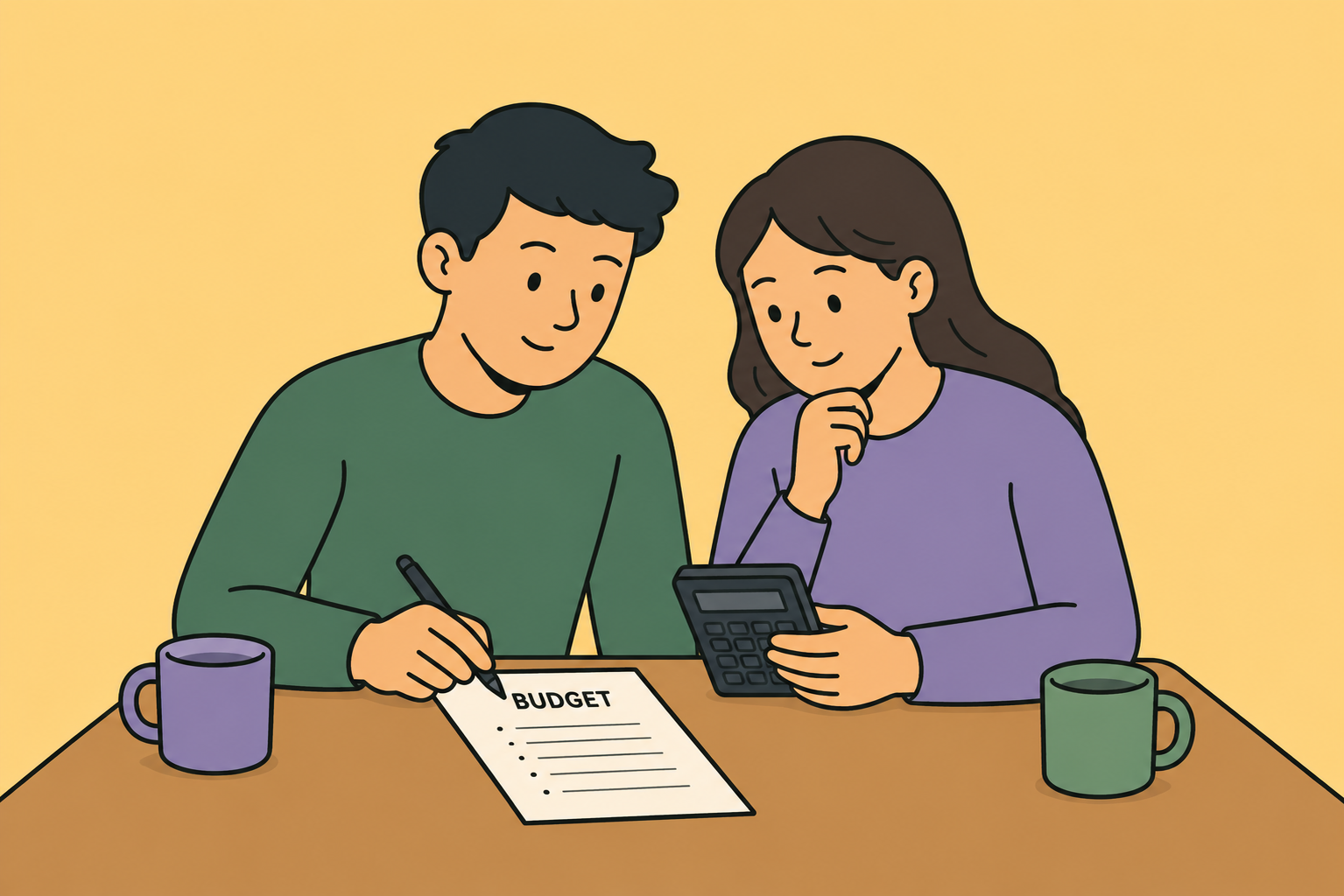 Illustration of a couple creating a budget, managing expenses, and saving for future goals