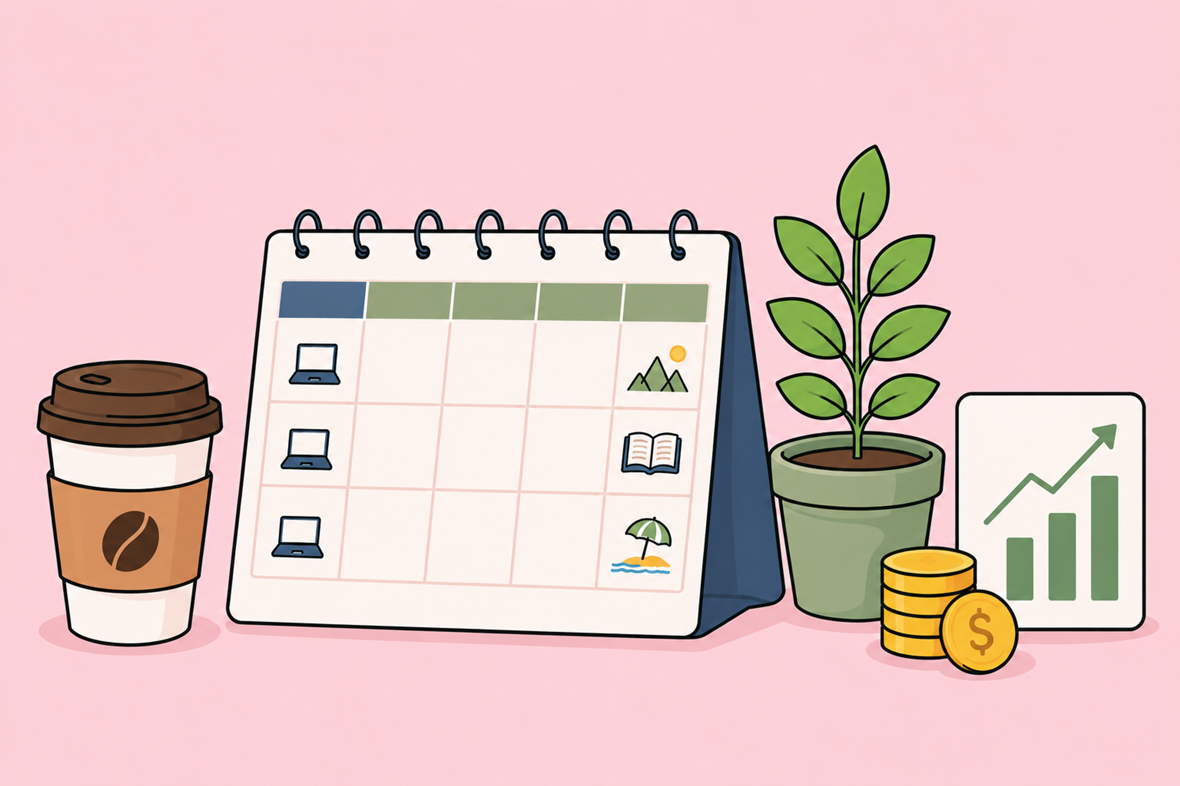 Illustration of a part-time work calendar, takeaway coffee, growing investment plant, investment chart, and coins representing Barista FIRE on a soft yellow background.
