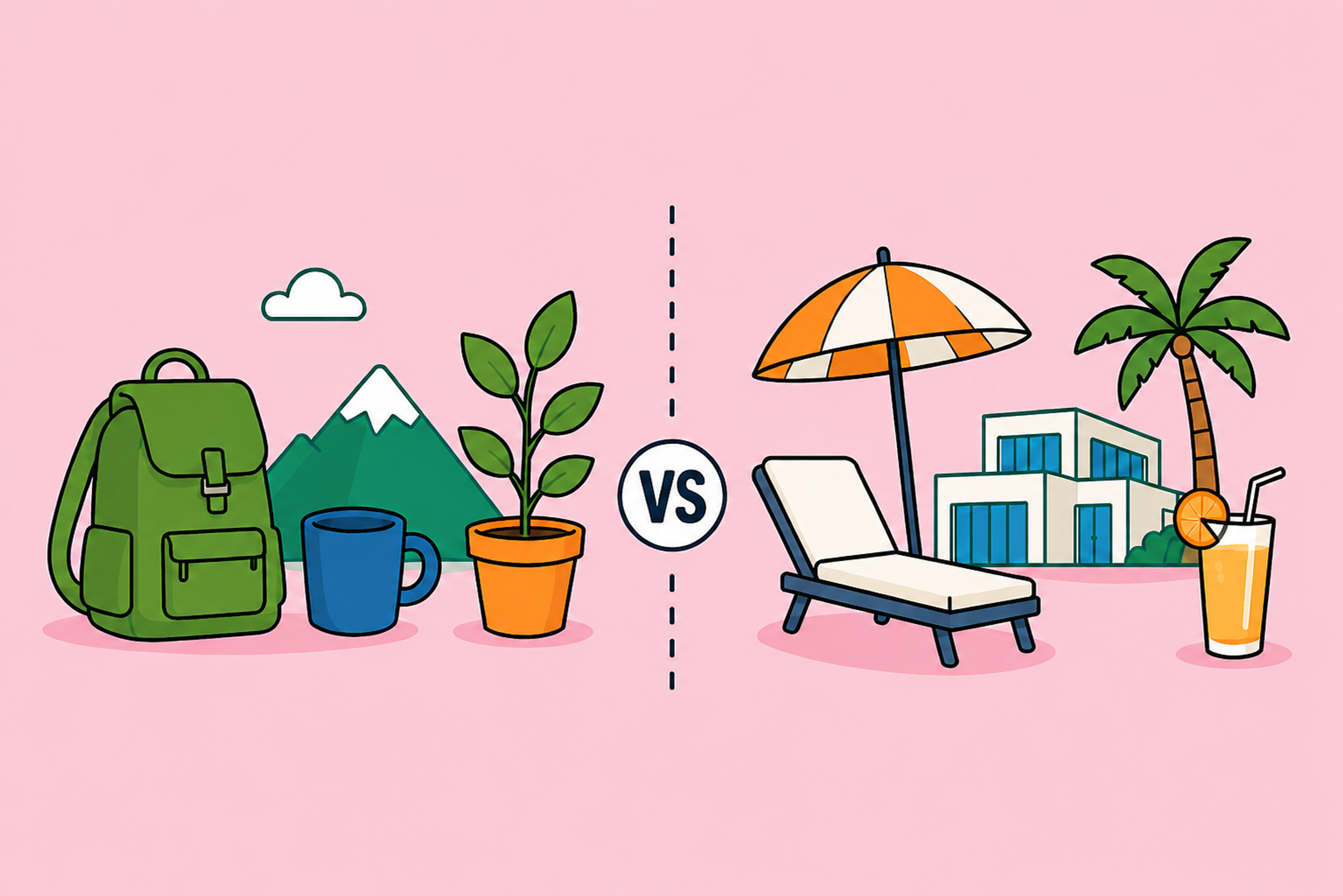 Illustration comparing Lean FIRE and Fat FIRE retirement strategies, showing simple living versus a higher-spending lifestyle.
