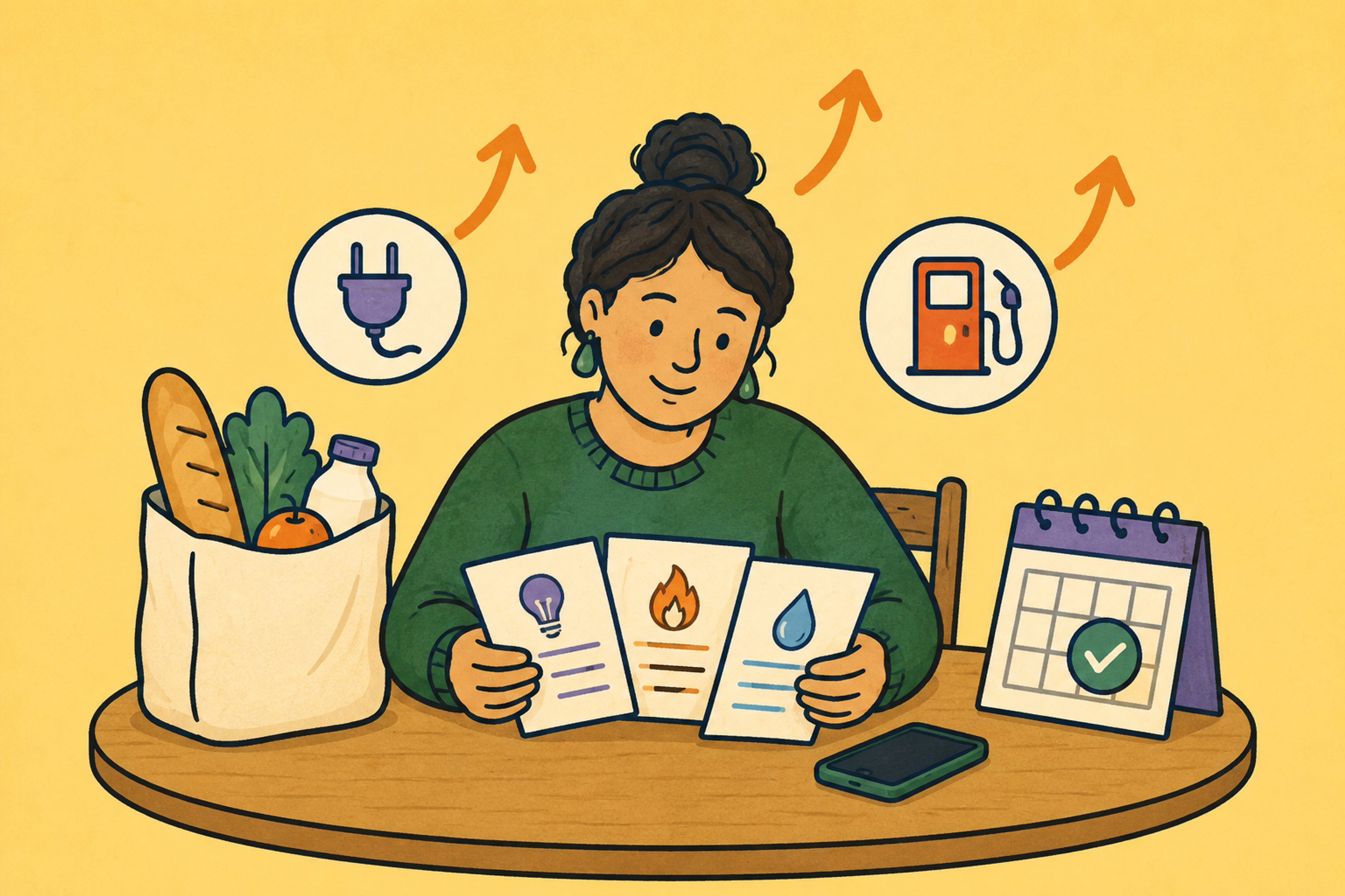 Person reviewing household bills beside groceries, a calendar, and symbols showing rising power and petrol costs.