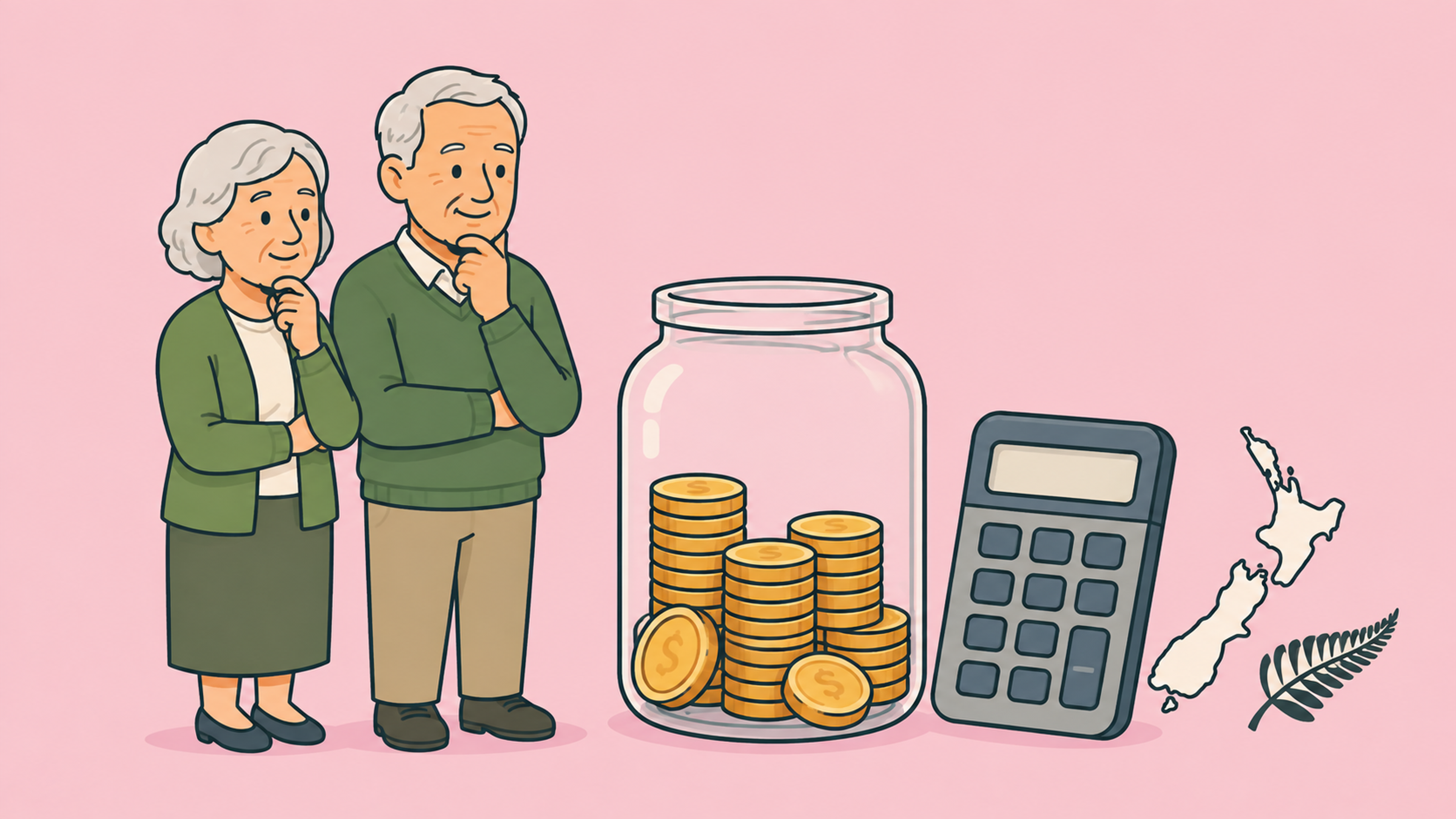 Older New Zealand couple comparing their retirement savings with a calculator and jar of coins.