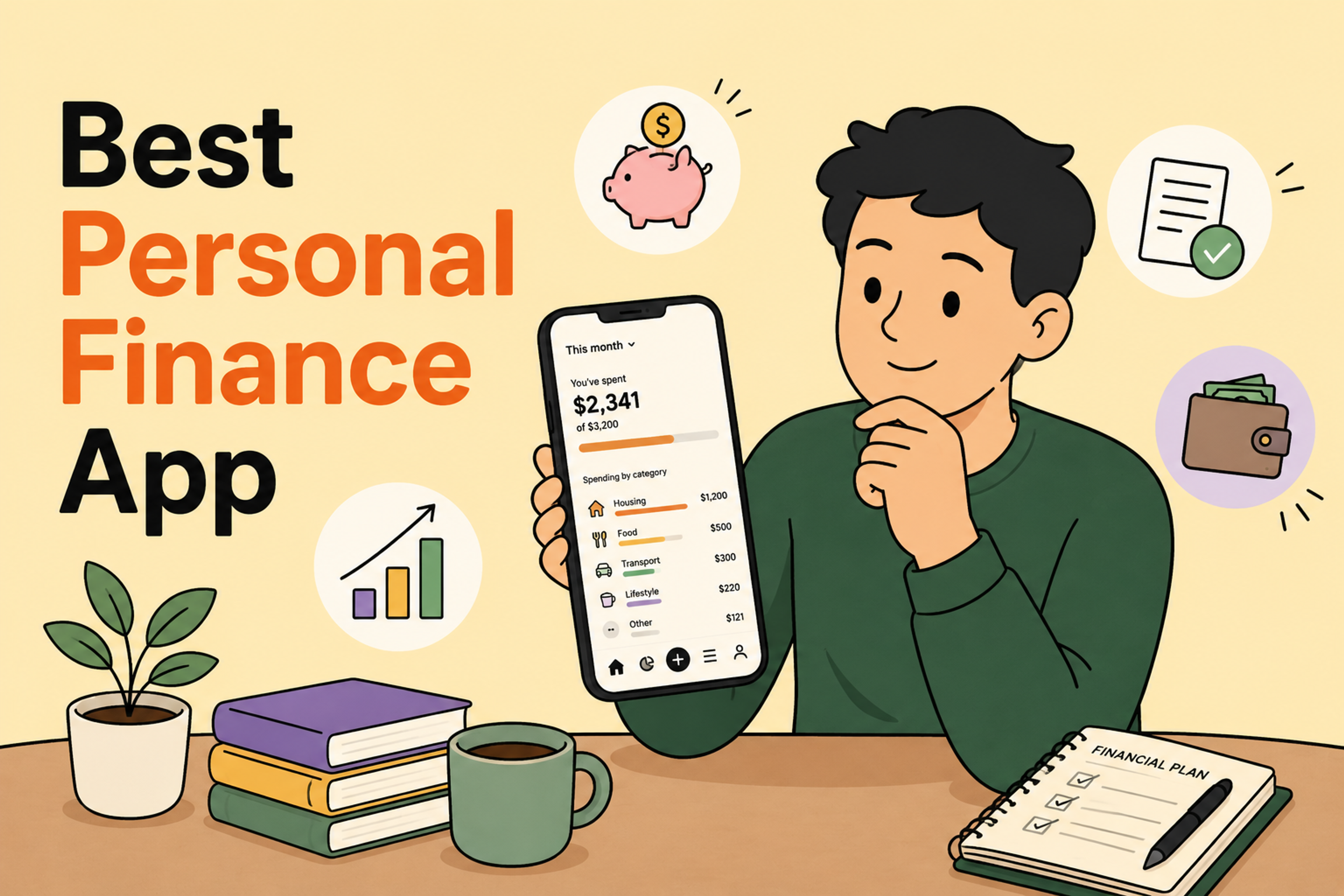 Personal finance app illustration showing budgeting and spending tracking