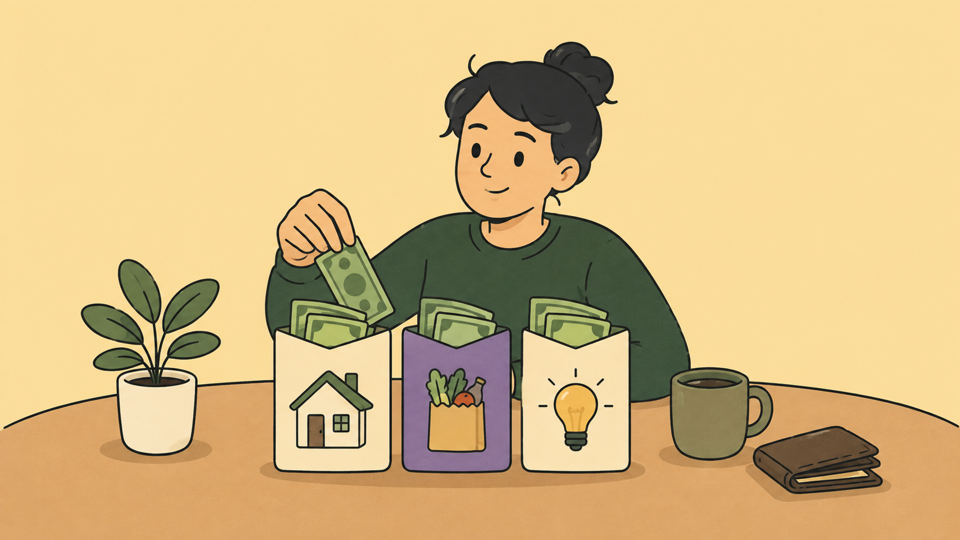 A woman dividing a modest amount of money between housing, groceries and power expenses.