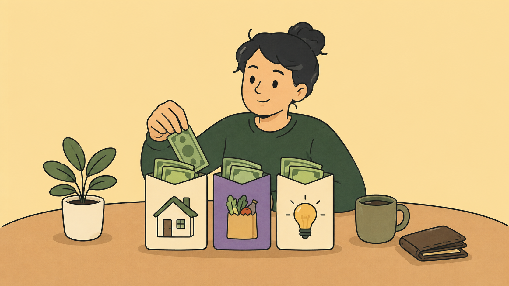 A woman dividing a modest amount of money between housing, groceries and power expenses.