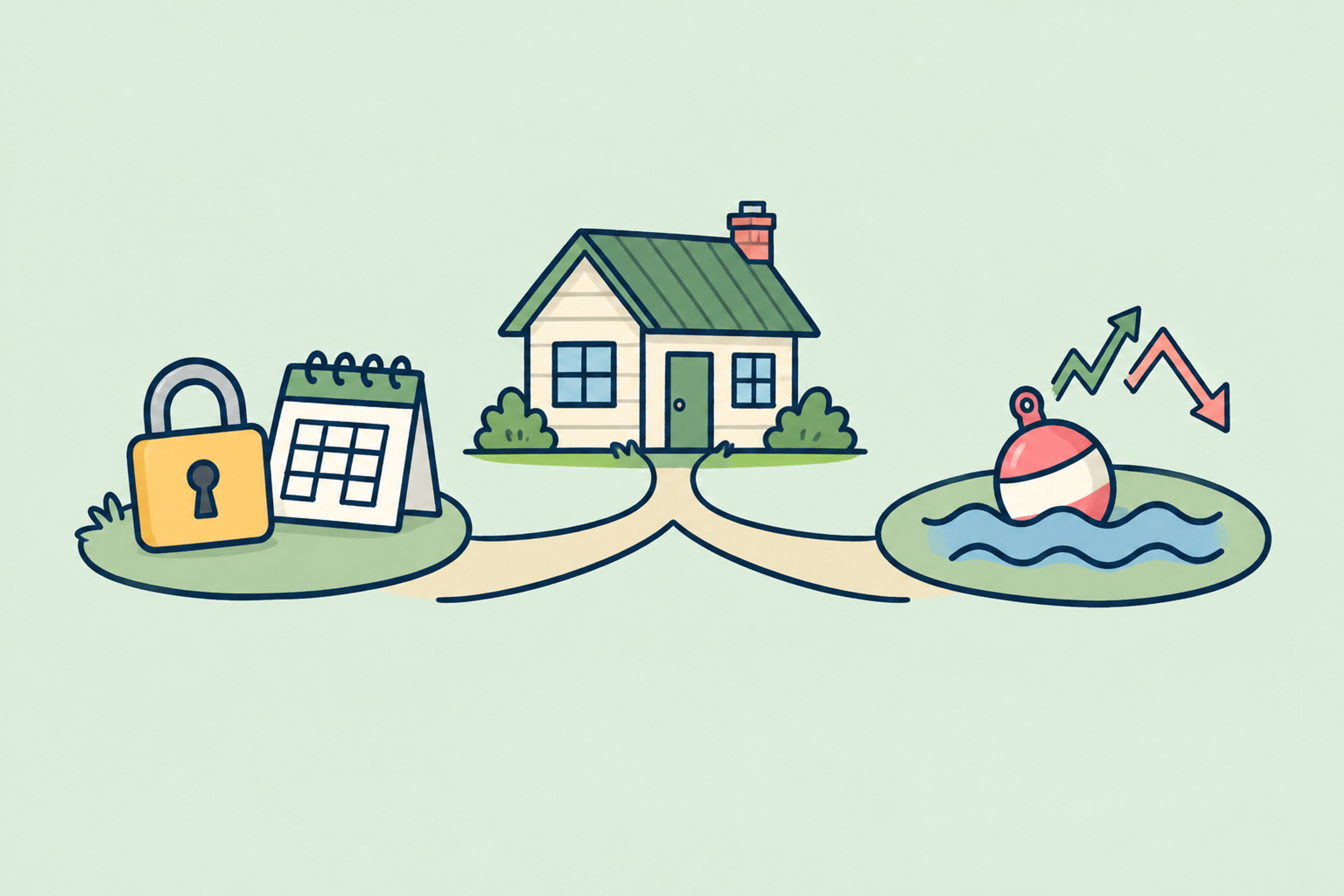 A house between fixed and floating mortgage options, represented by a padlock and a floating buoy.