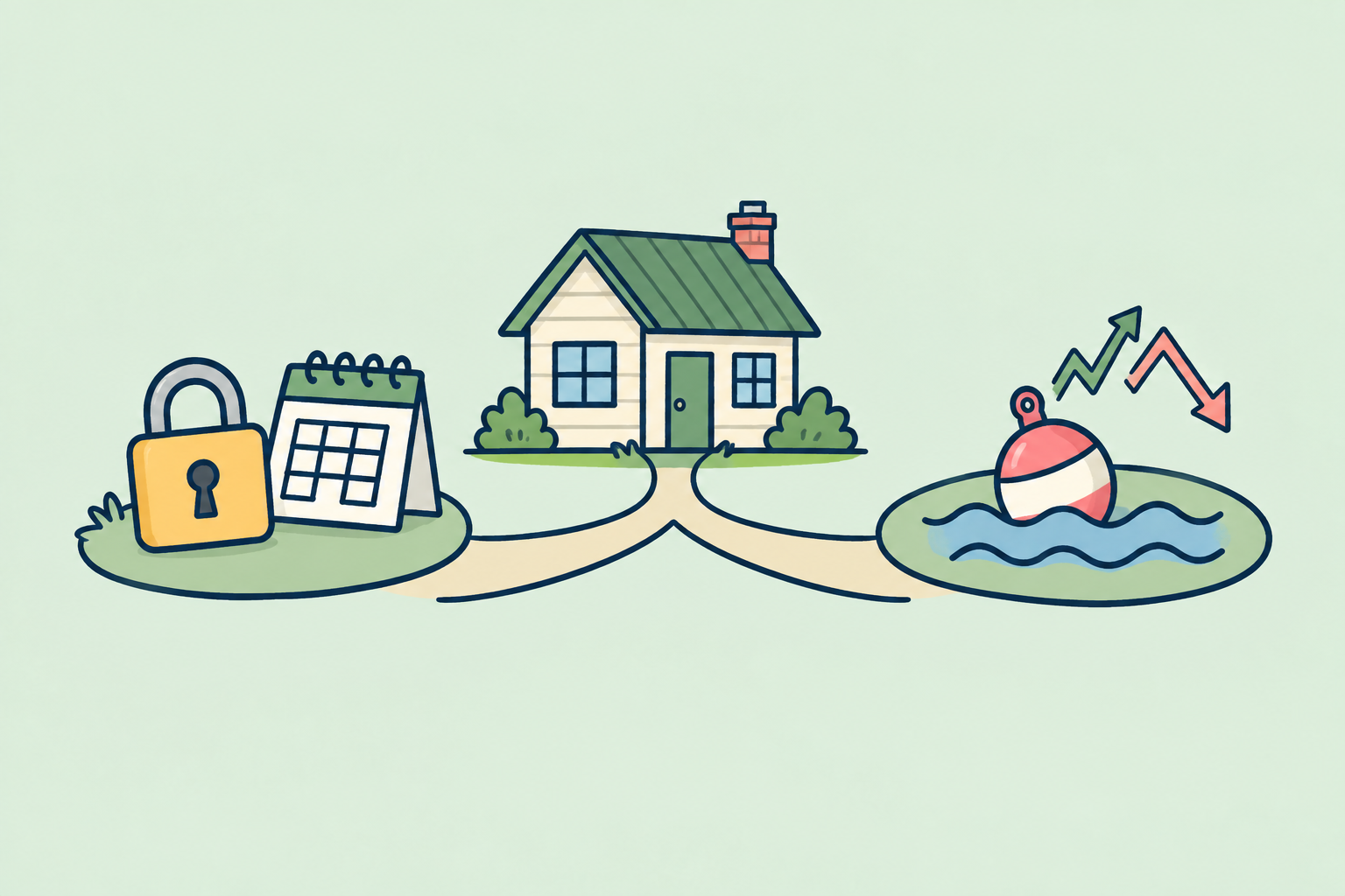 A house between fixed and floating mortgage options, represented by a padlock and a floating buoy.