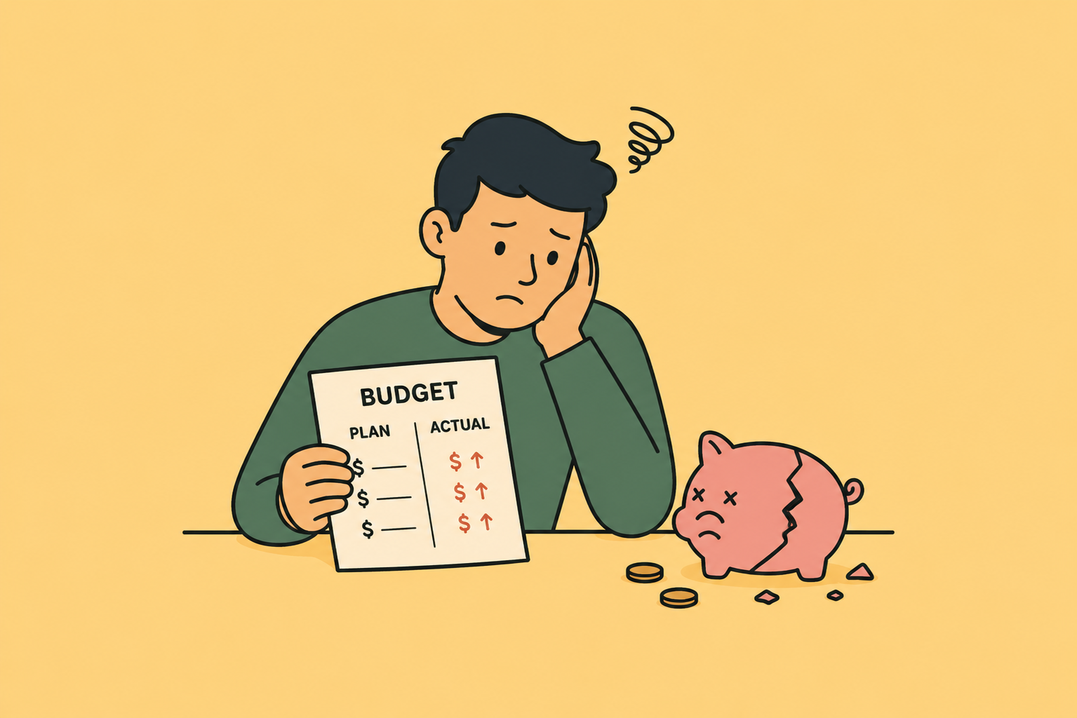 Illustration of a broken piggy bank, and person upset about failed budget