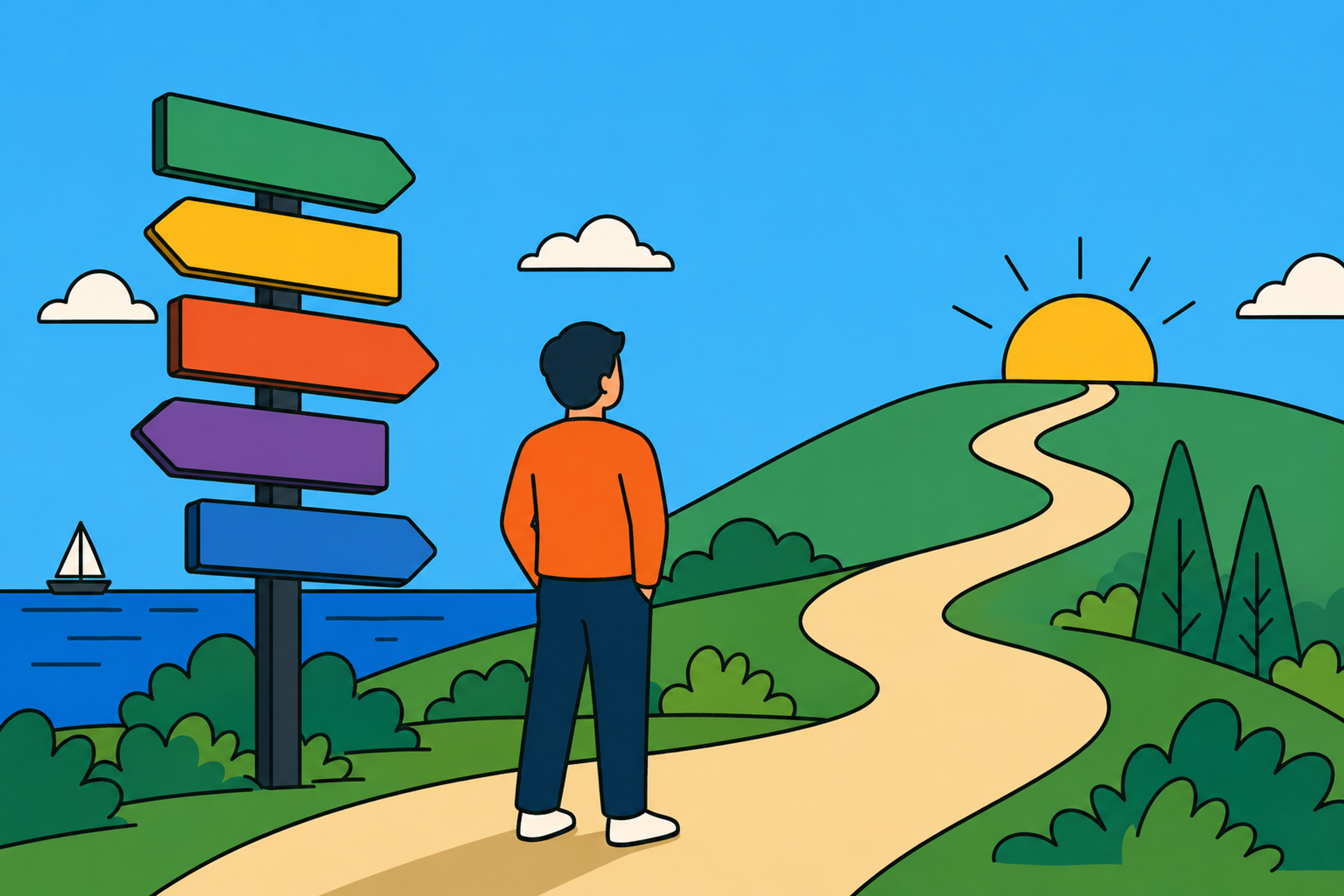 Simple flat-vector illustration of a person standing at a crossroads beside a colorful blank signpost, looking toward a winding path that leads over green hills to a rising sun. Blue water, a small sailboat, clouds, and shrubs create a bright, optimistic landscape symbolizing a journey toward financial independence and early retirement.