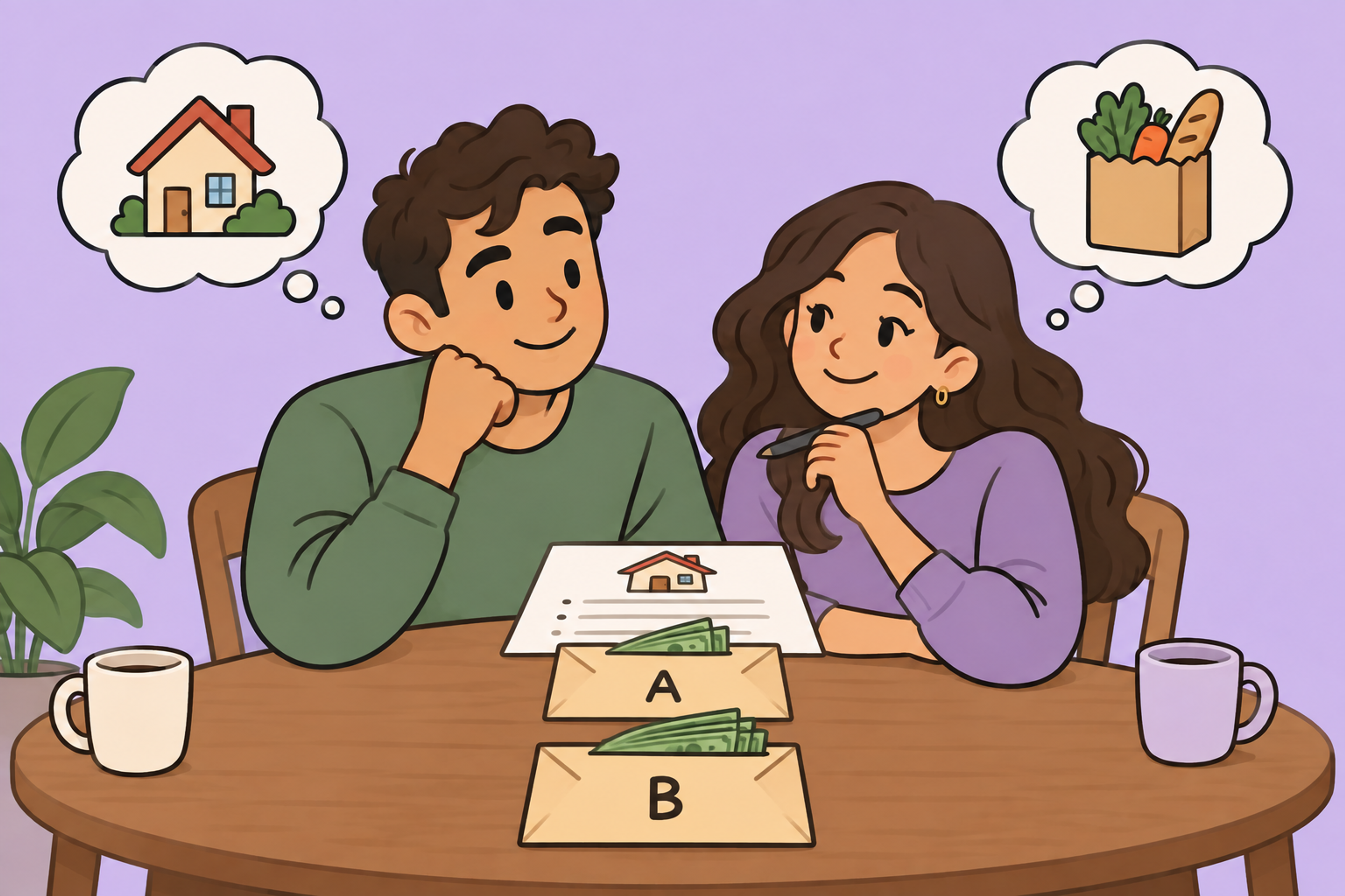 Couple planning shared bills with two income envelopes.
