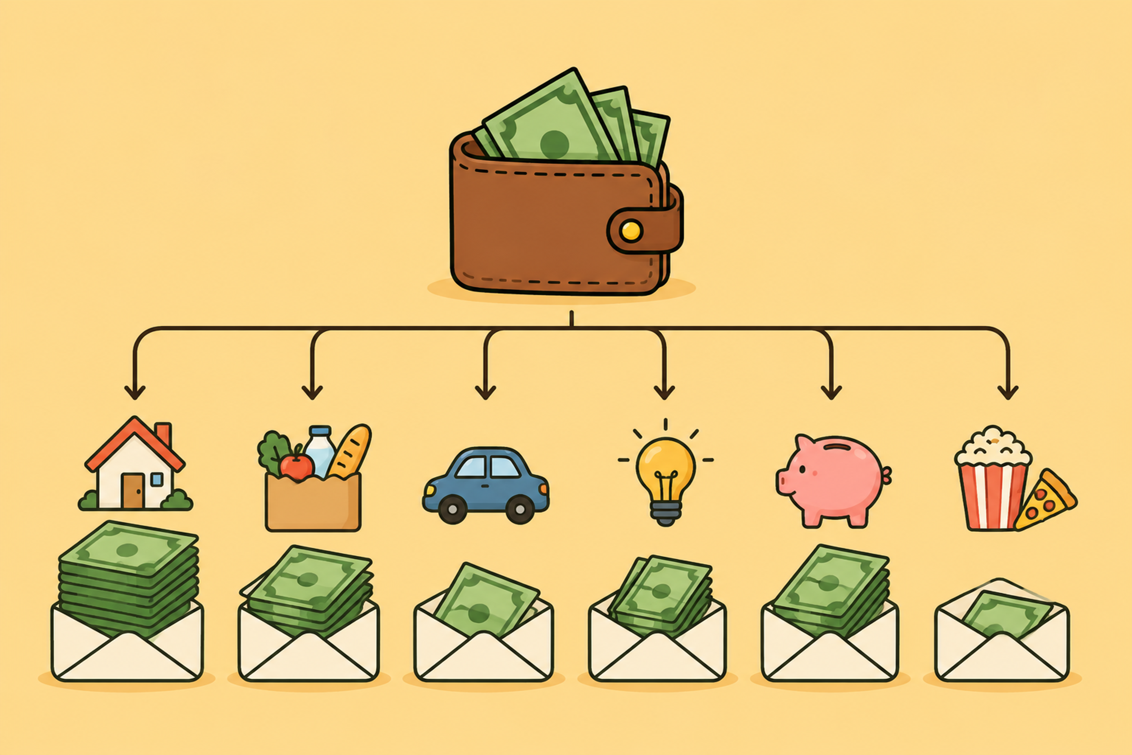 Illustration of money being allocated from a wallet into different spending categories, with an empty envelope showing that every dollar has been assigned in a zero-based budget.
