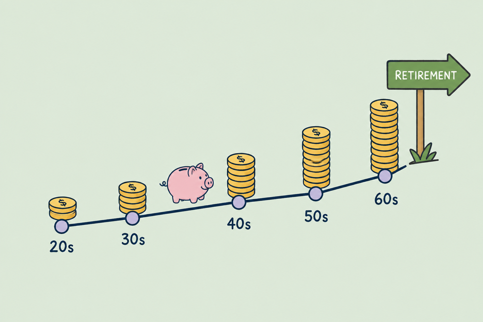 Savings growing from a person's twenties to retirement