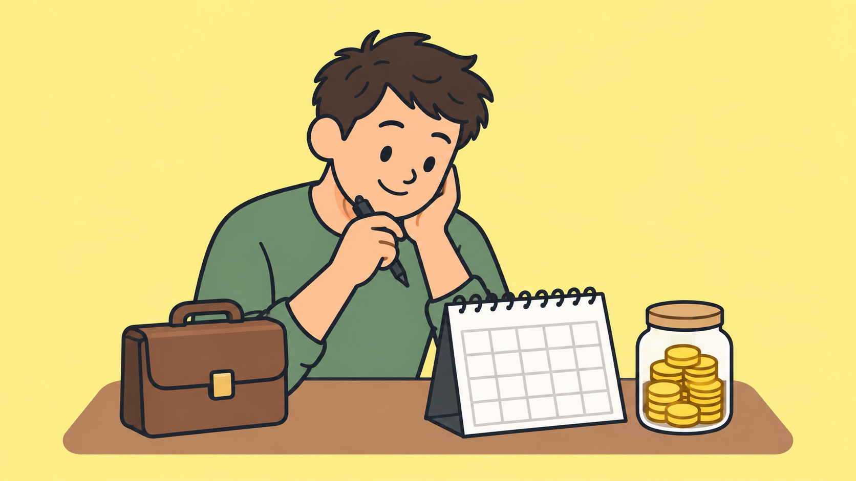 Illustration of a person planning a career change with a briefcase, calendar and savings jar