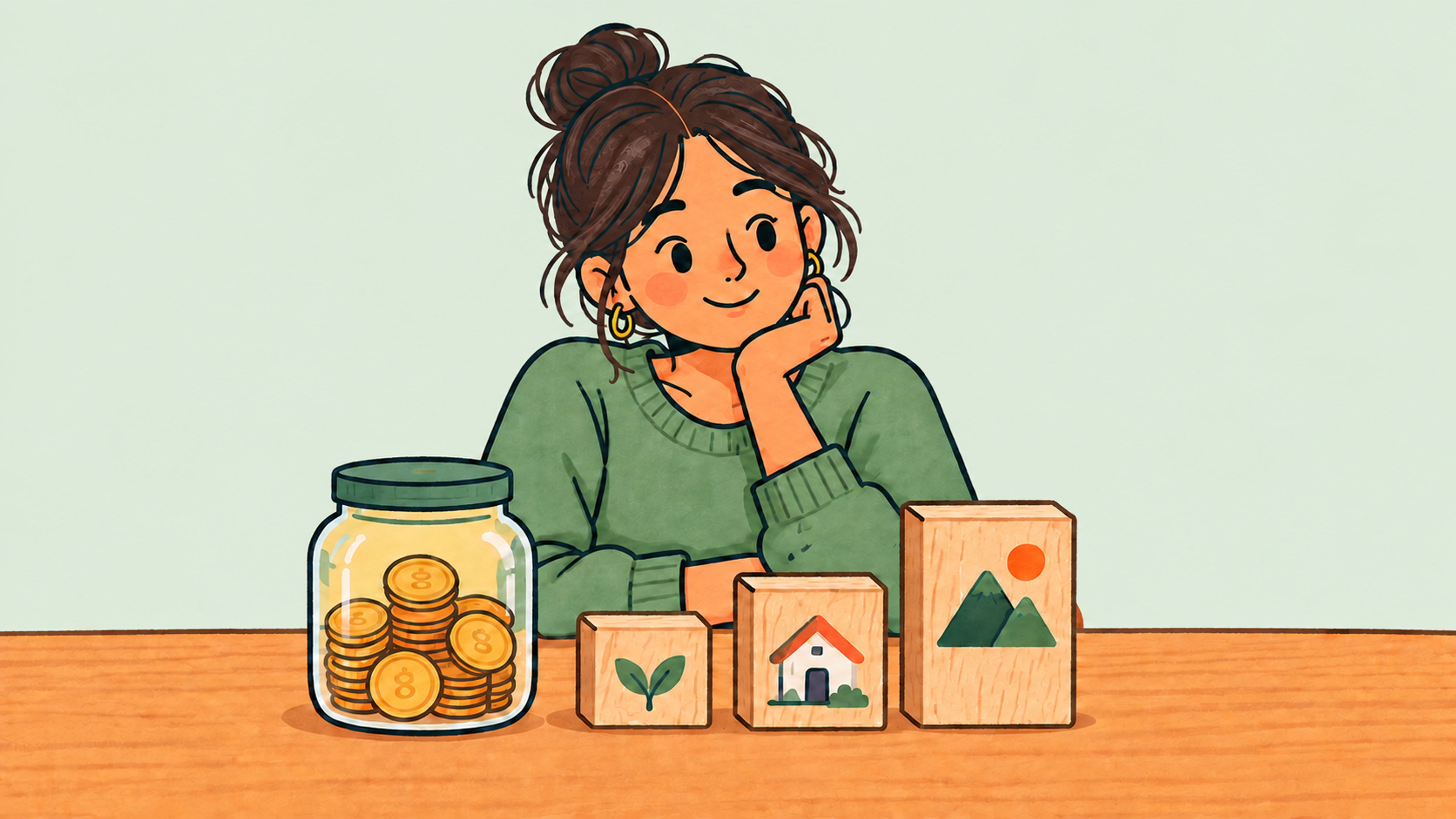 Illustration of a person reviewing savings goals with a coin jar and three milestone blocks.