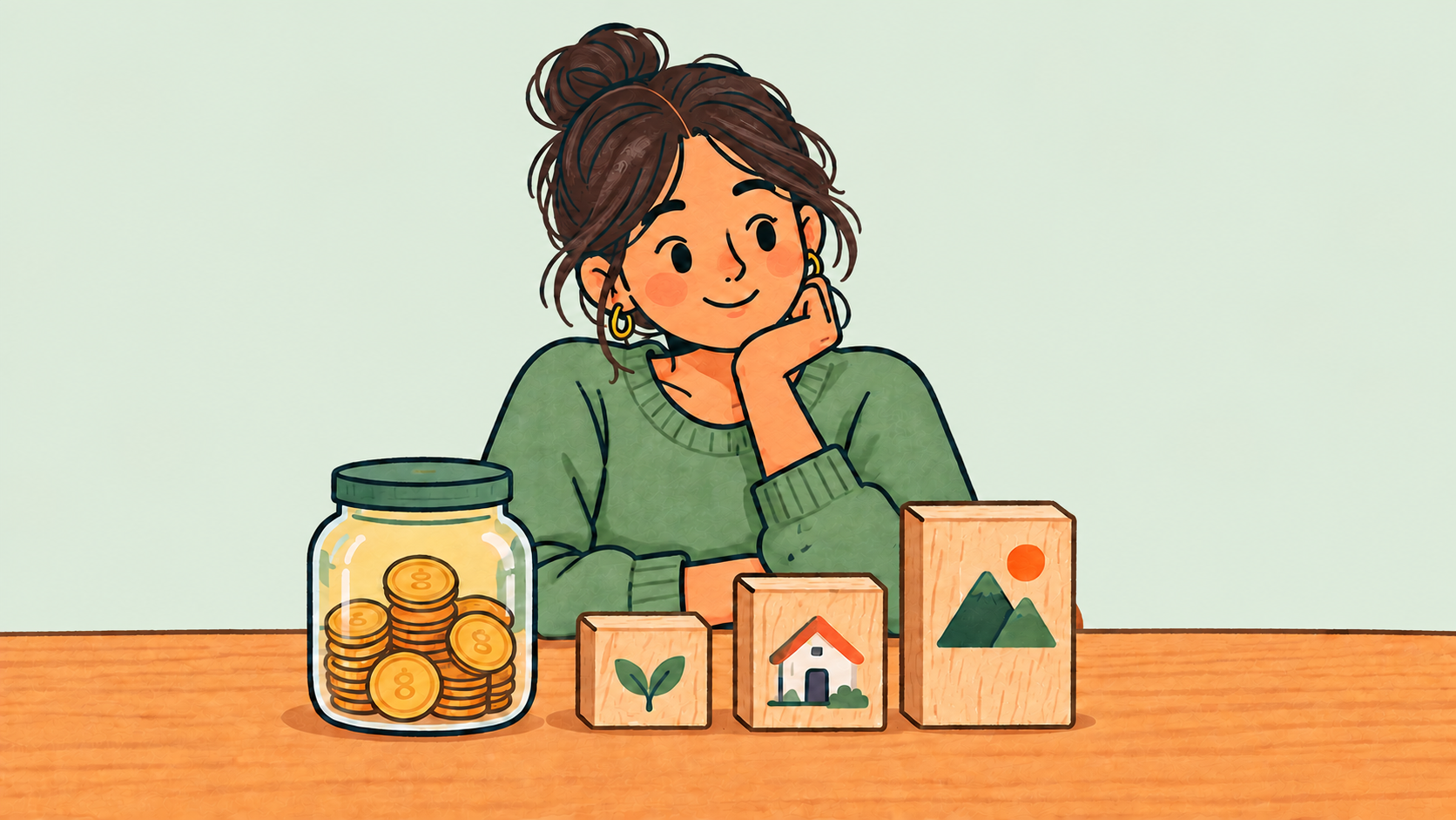 Illustration of a person reviewing savings goals with a coin jar and three milestone blocks.