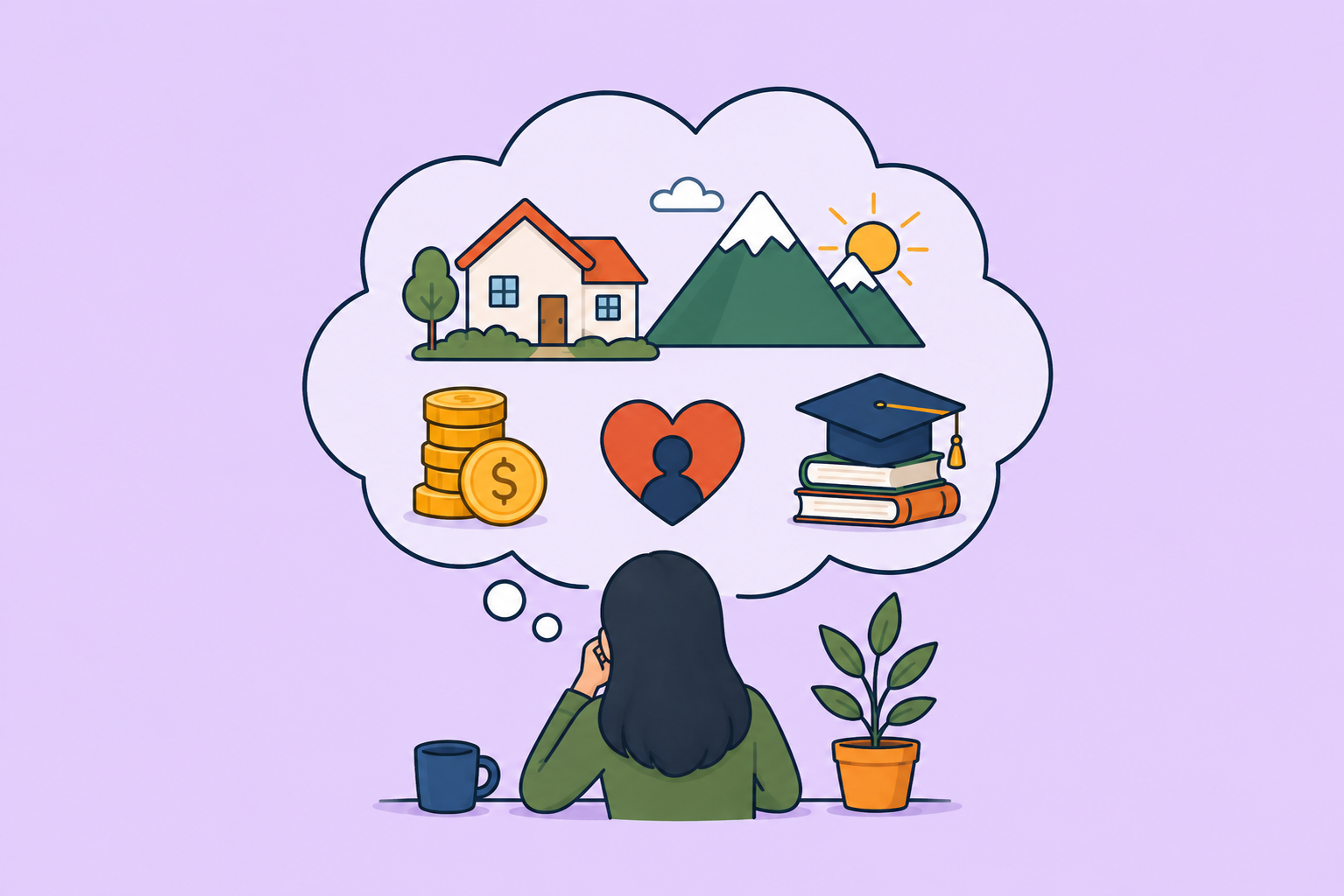 Illustration of a person imagining their vision of financial success, including a home, savings, education, relationships, and lifestyle goals on a soft lavender background.